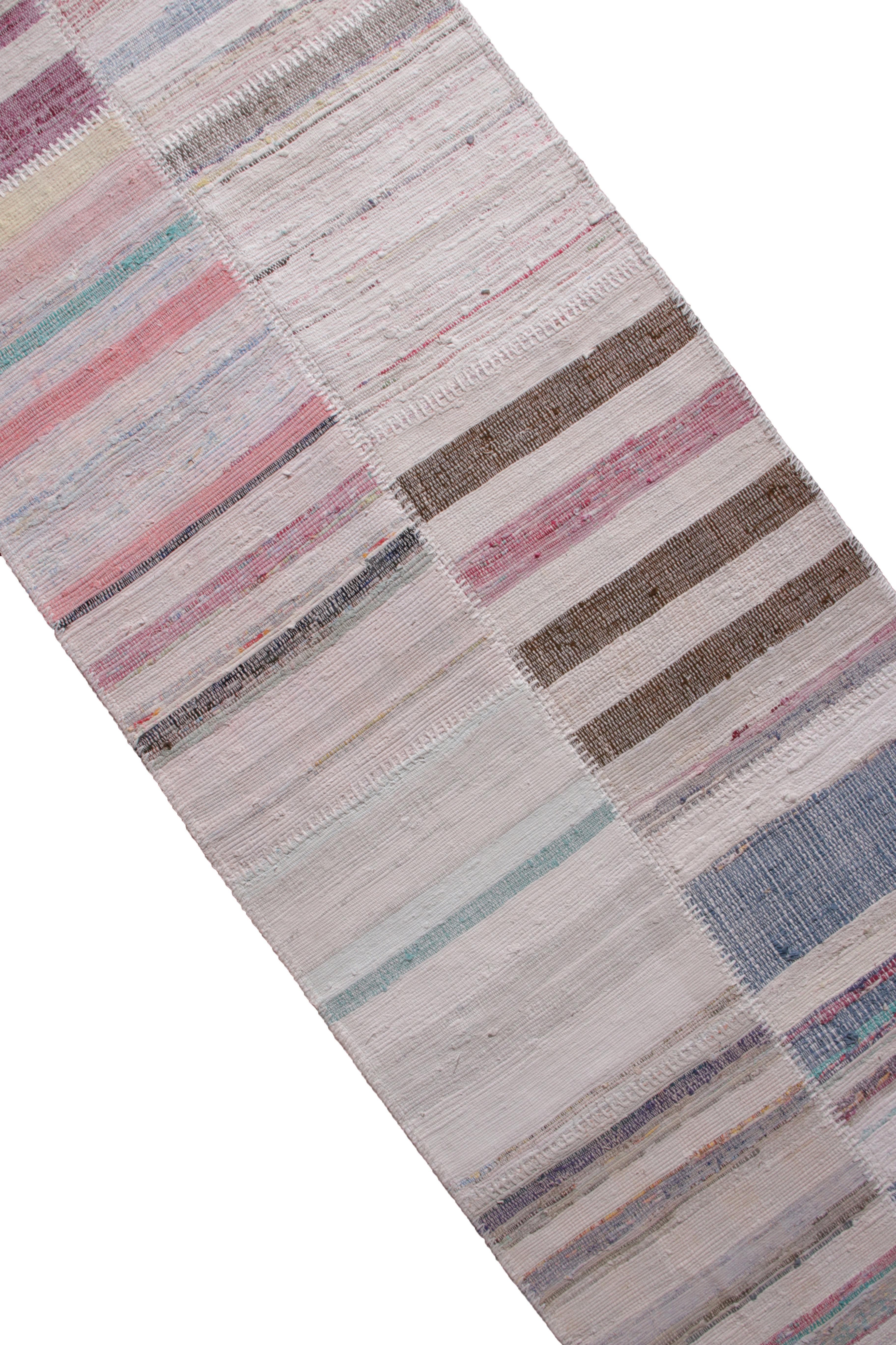 Turkish Rug & Kilim's Modern Patchwork Kilim Runner in Gray Multi-Color Stripe Pattern