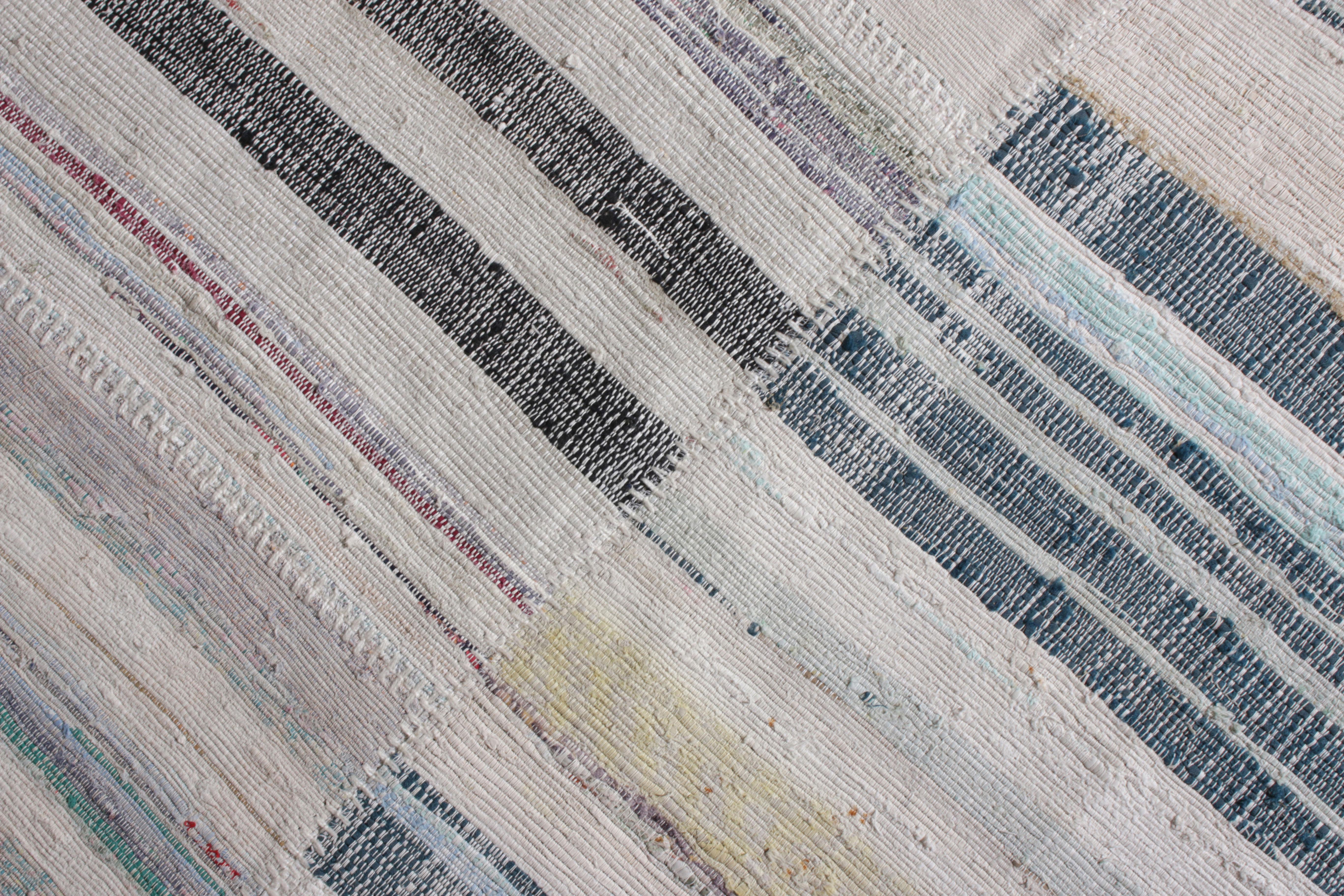 Hand-Woven Rug & Kilim's Modern Patchwork Kilim Runner in Gray Multi-Color Stripe Pattern For Sale