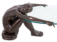 Modern Patinated Glass Top Bronze Figural Table