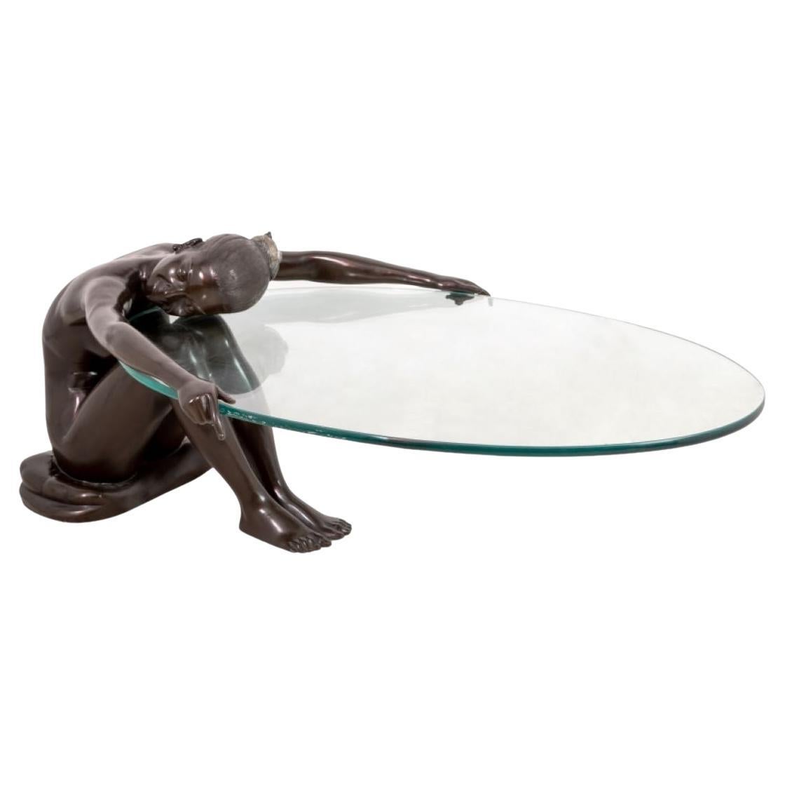 Modern Patinated Glass Top Bronze Figural Table