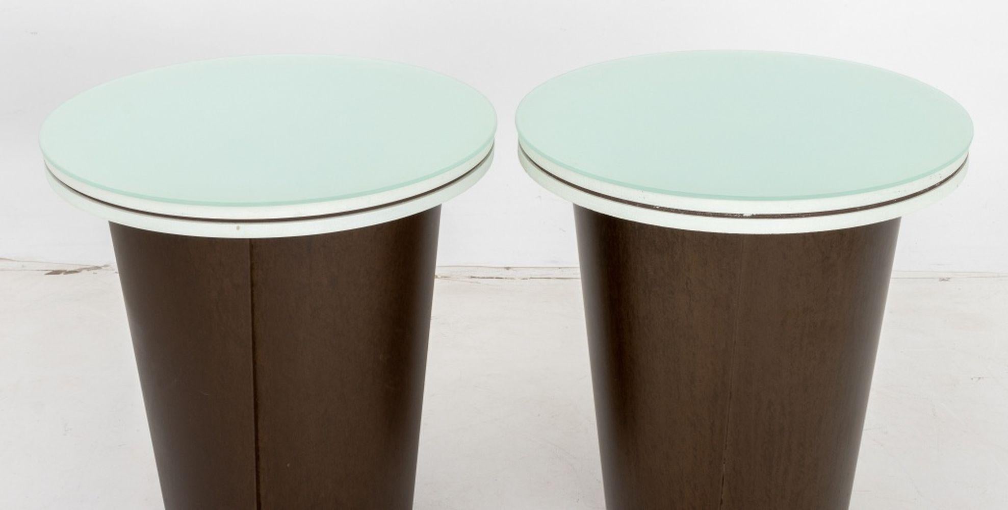 Pair of Modern Patinated Metal, Painted Wood, and Circular Glass Top Side Tables. 26.25