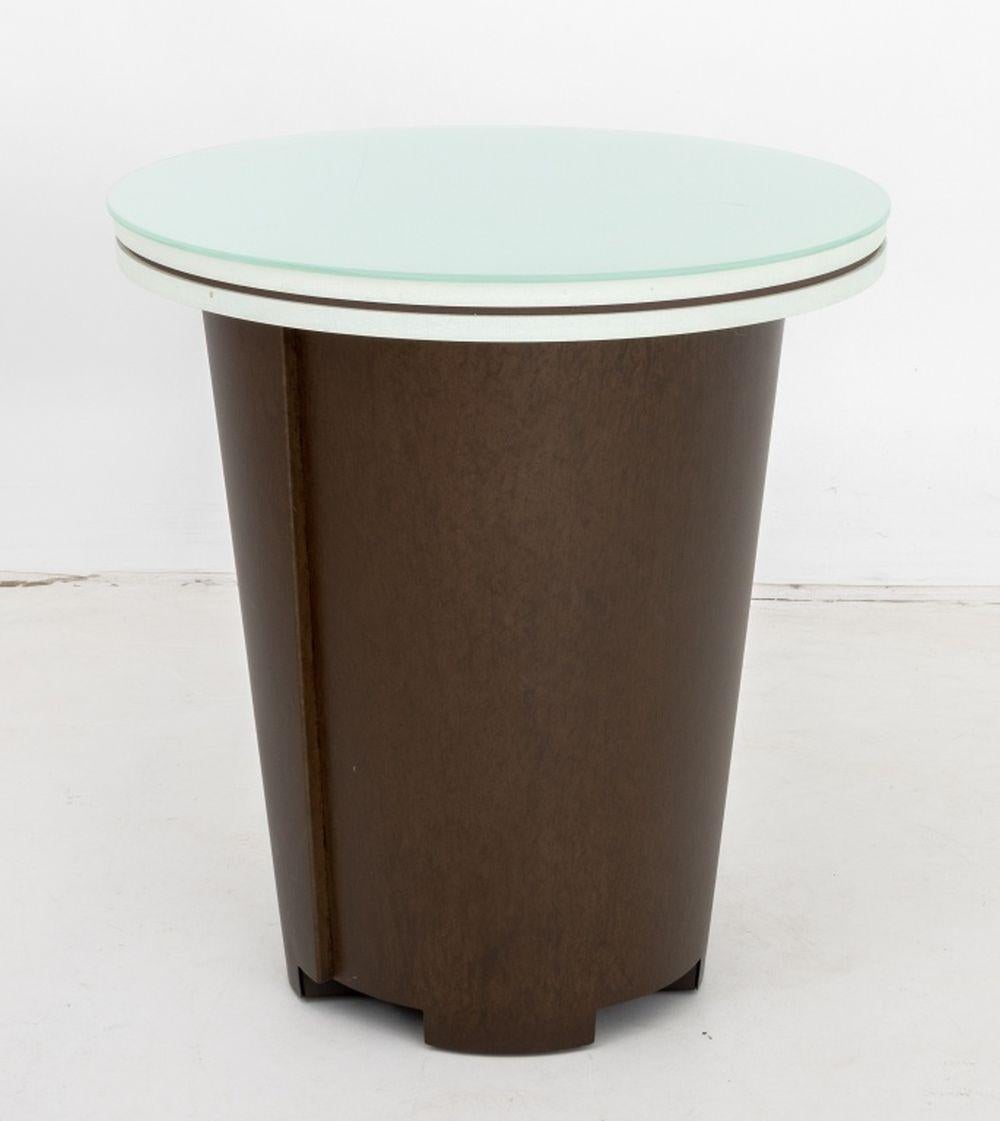 Modern Patinated Metal & Wood Glass Top Tables, 2 In Good Condition For Sale In Astoria, NY