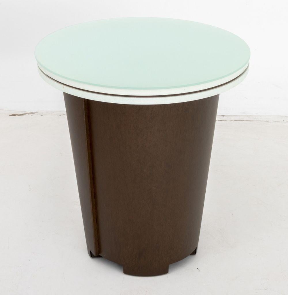 20th Century Modern Patinated Metal & Wood Glass Top Tables, 2 For Sale