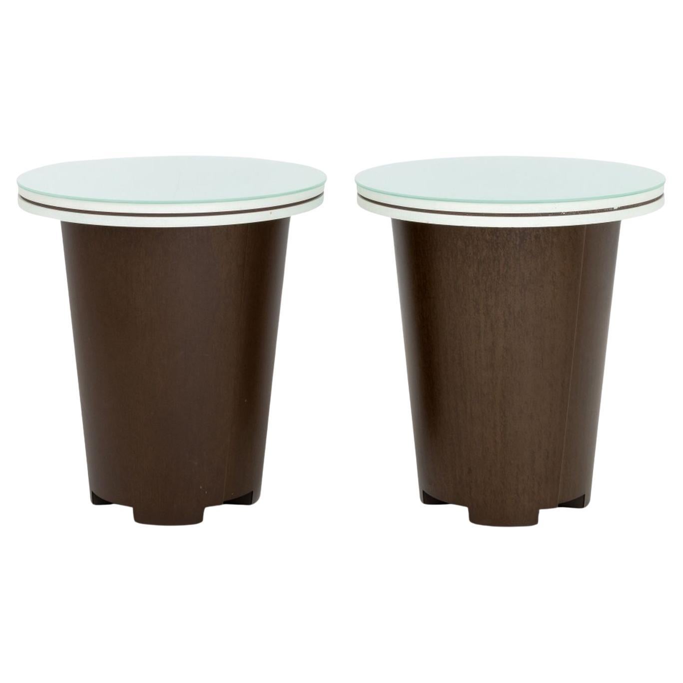 Modern Patinated Metal & Wood Glass Top Tables, 2 For Sale