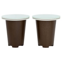 Modern Patinated Metal & Wood Glass Top Tables, 2