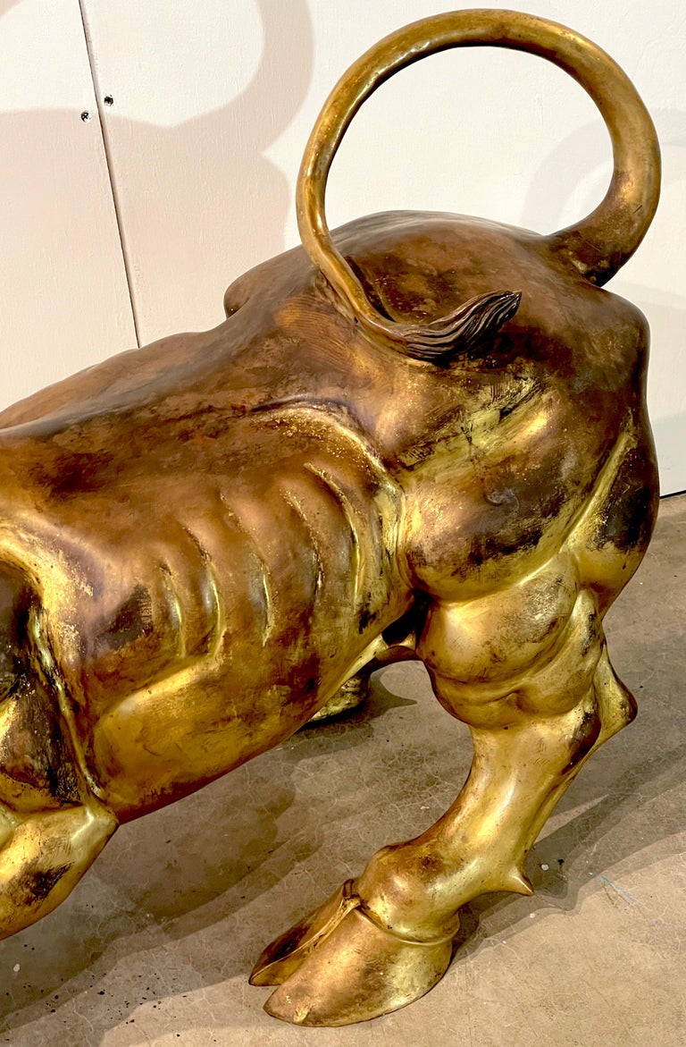 Modern Patinated/Weathered Bronze Garden Sculpture 'Charging Bull' For