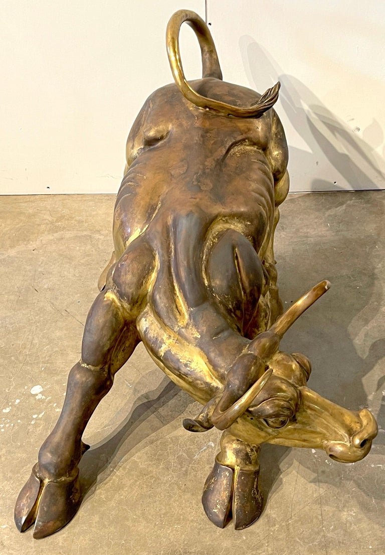 Modern Patinated/Weathered Bronze Garden Sculpture 'Charging Bull' For