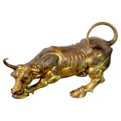 Modern Patinated/Weathered  Bronze Garden Sculpture 'Charging Bull'