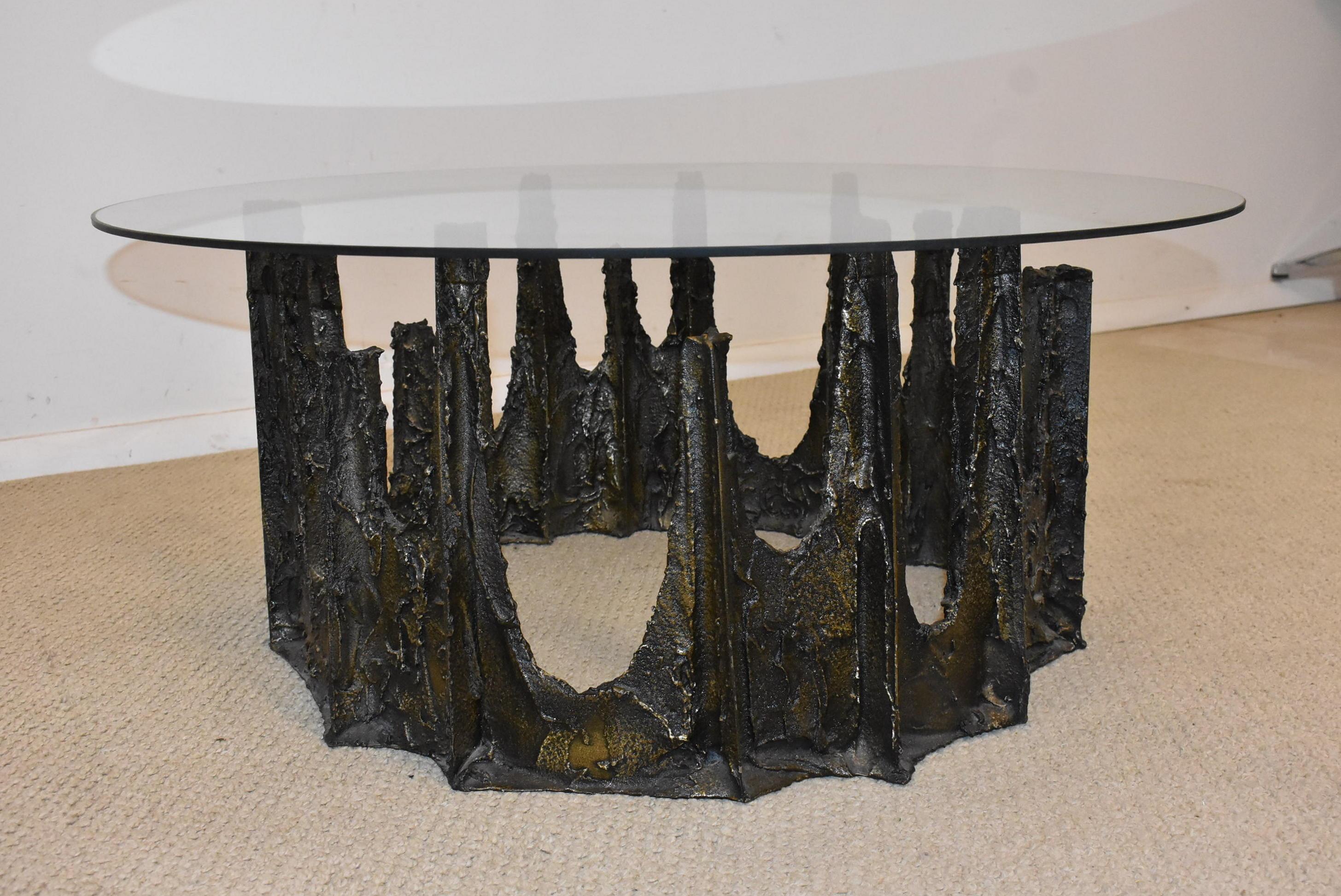 North American Modern Paul Evans Round Stalagmite Form Base with Glass Top Coffee Table
