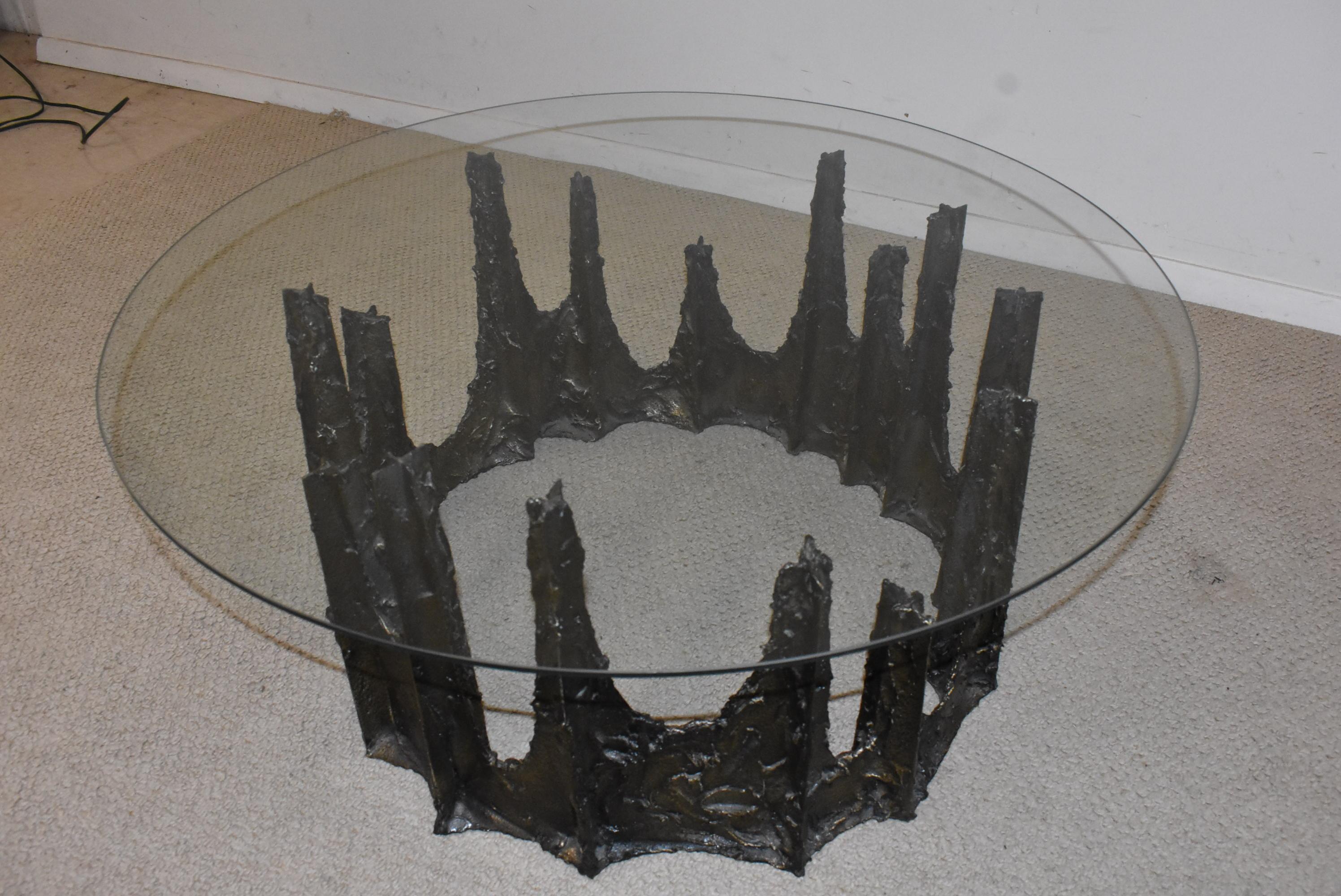 North American Modern Paul Evans Round Stalagmite Form Base with Glass Top Coffee Table For Sale