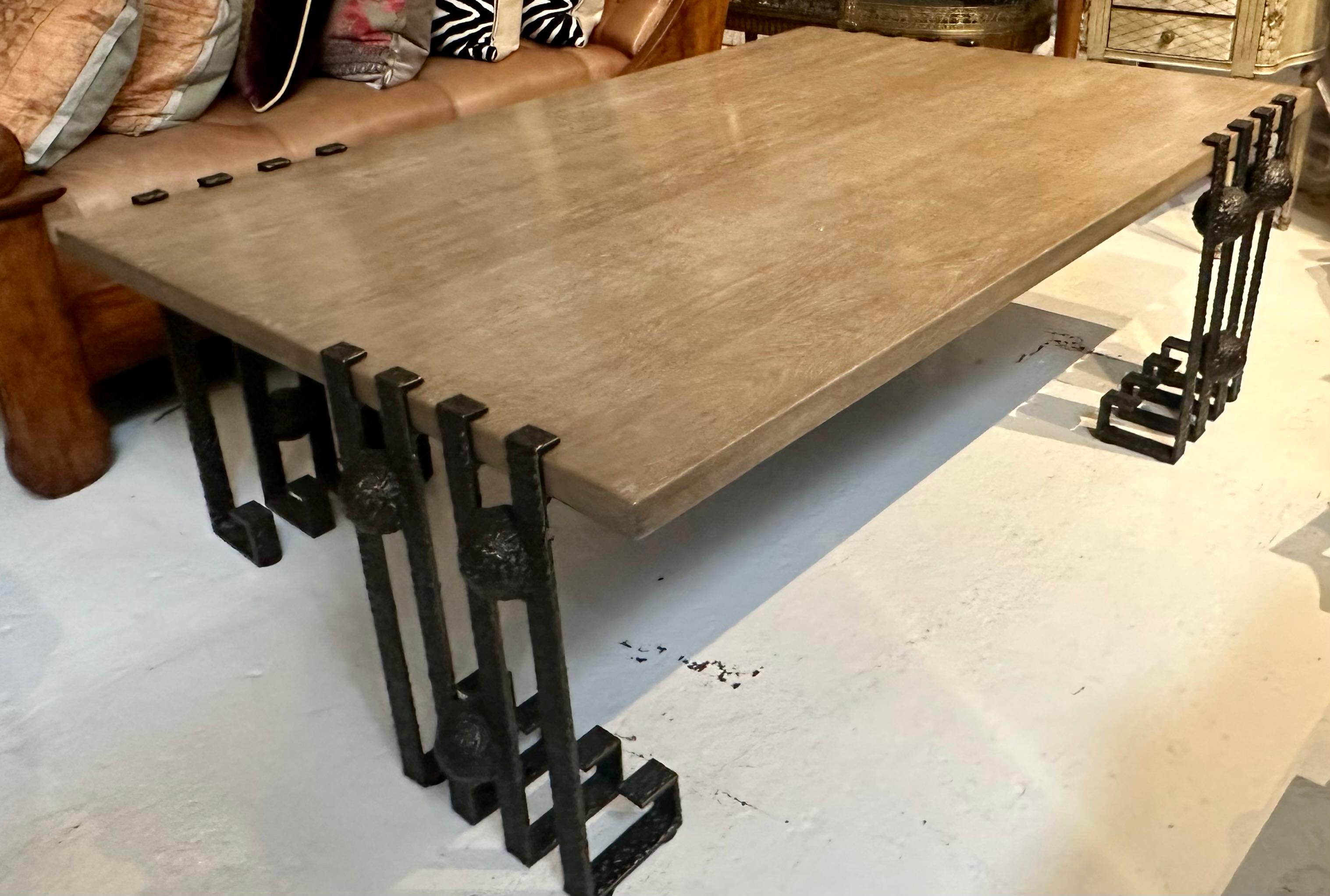 Modern Paul Ferrante Dimitri Wrought Iron & Bleached Oak Coffee Table.