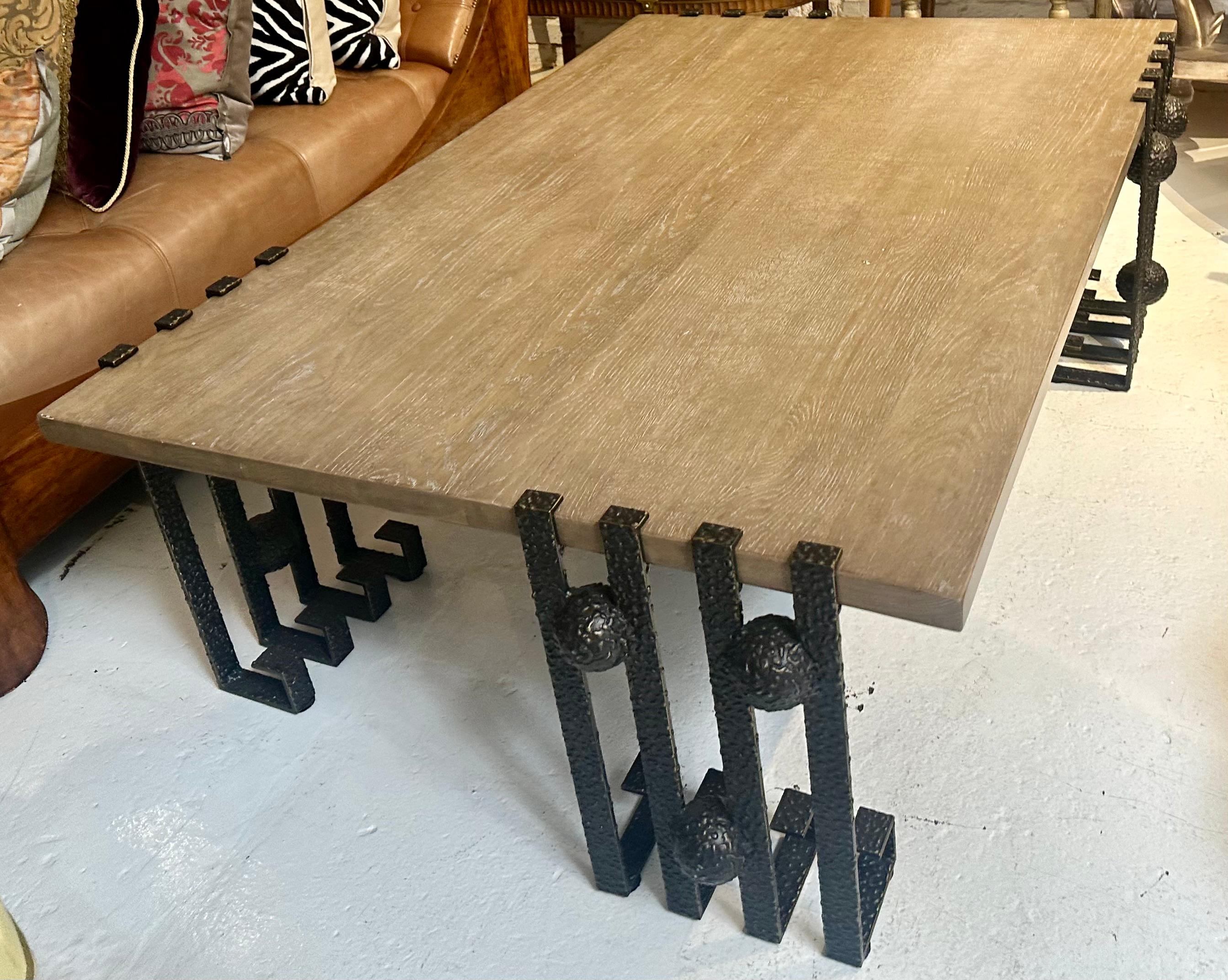 American Modern Paul Ferrante Dimitri Wrought Iron & Bleached Oak Coffee Table