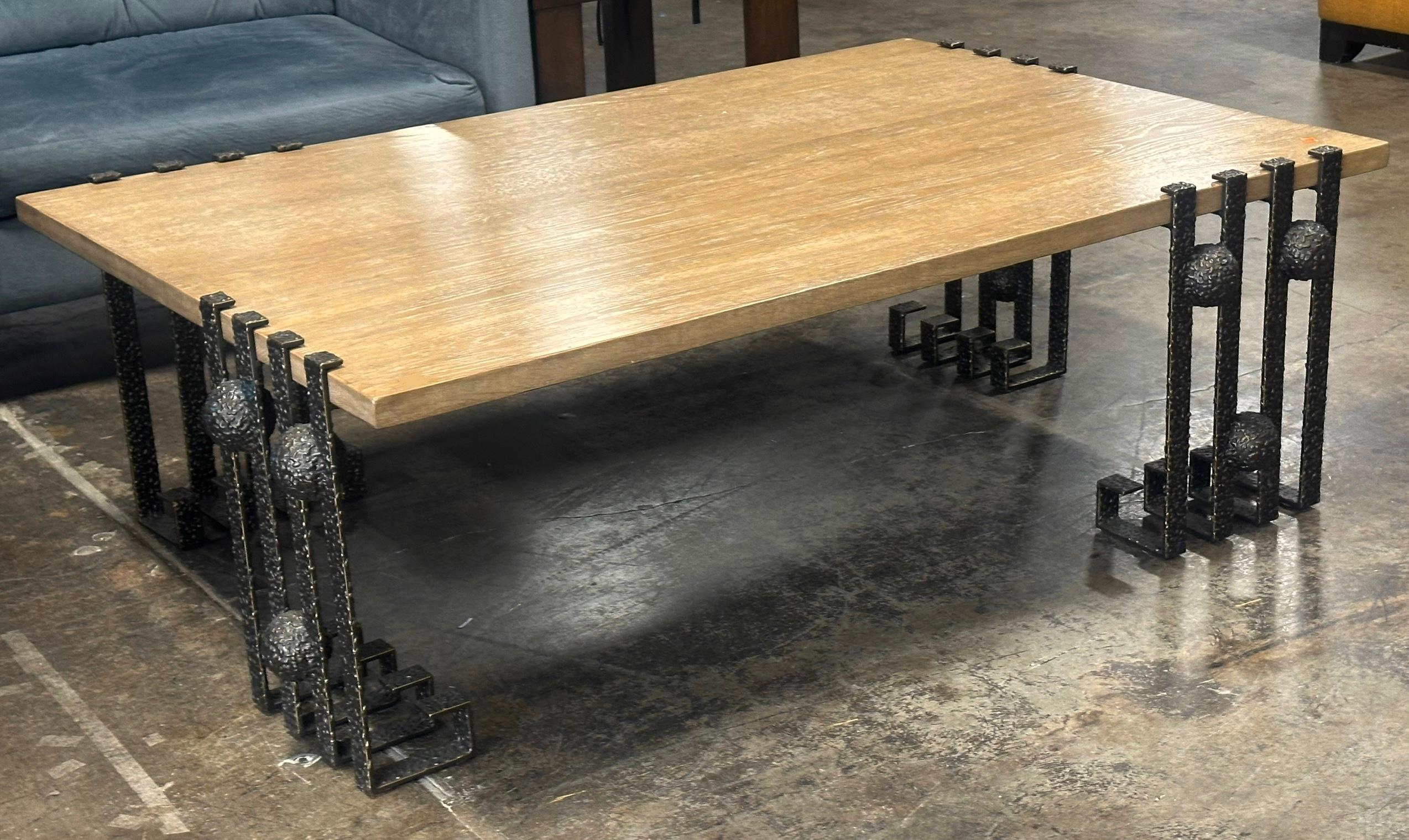 Modern Paul Ferrante Dimitri Wrought Iron & Bleached Oak Coffee Table In Good Condition In LOS ANGELES, CA