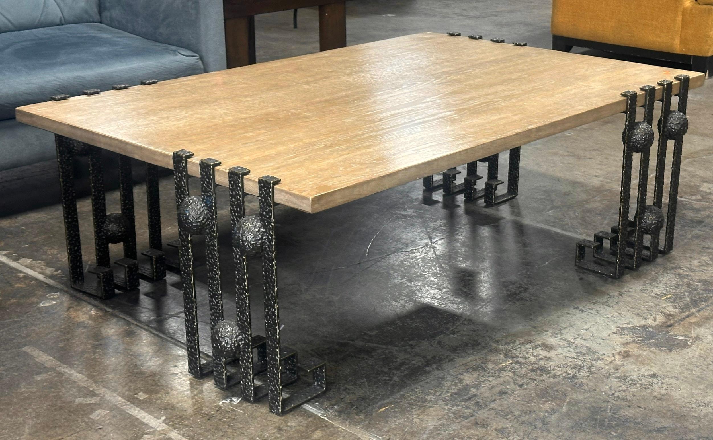 Modern Paul Ferrante Dimitri Wrought Iron & Bleached Oak Coffee Table 1