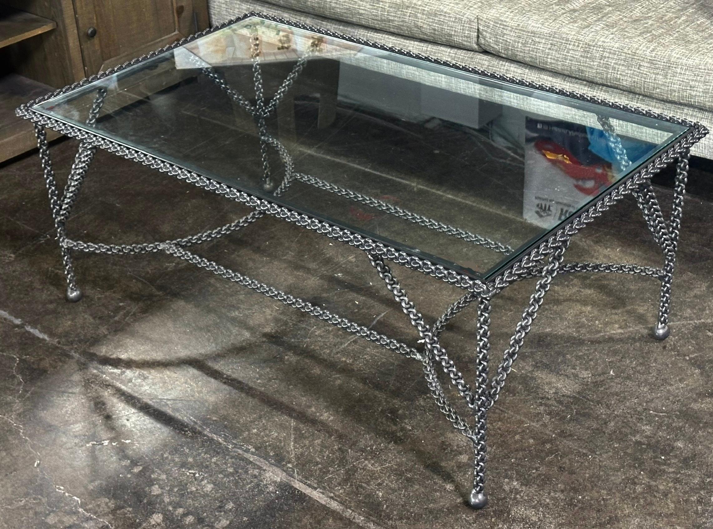 Contemporary Modern Paul Ferrante Prada Chain Link Wrought Iron & Glass Coffee Cocktail Table