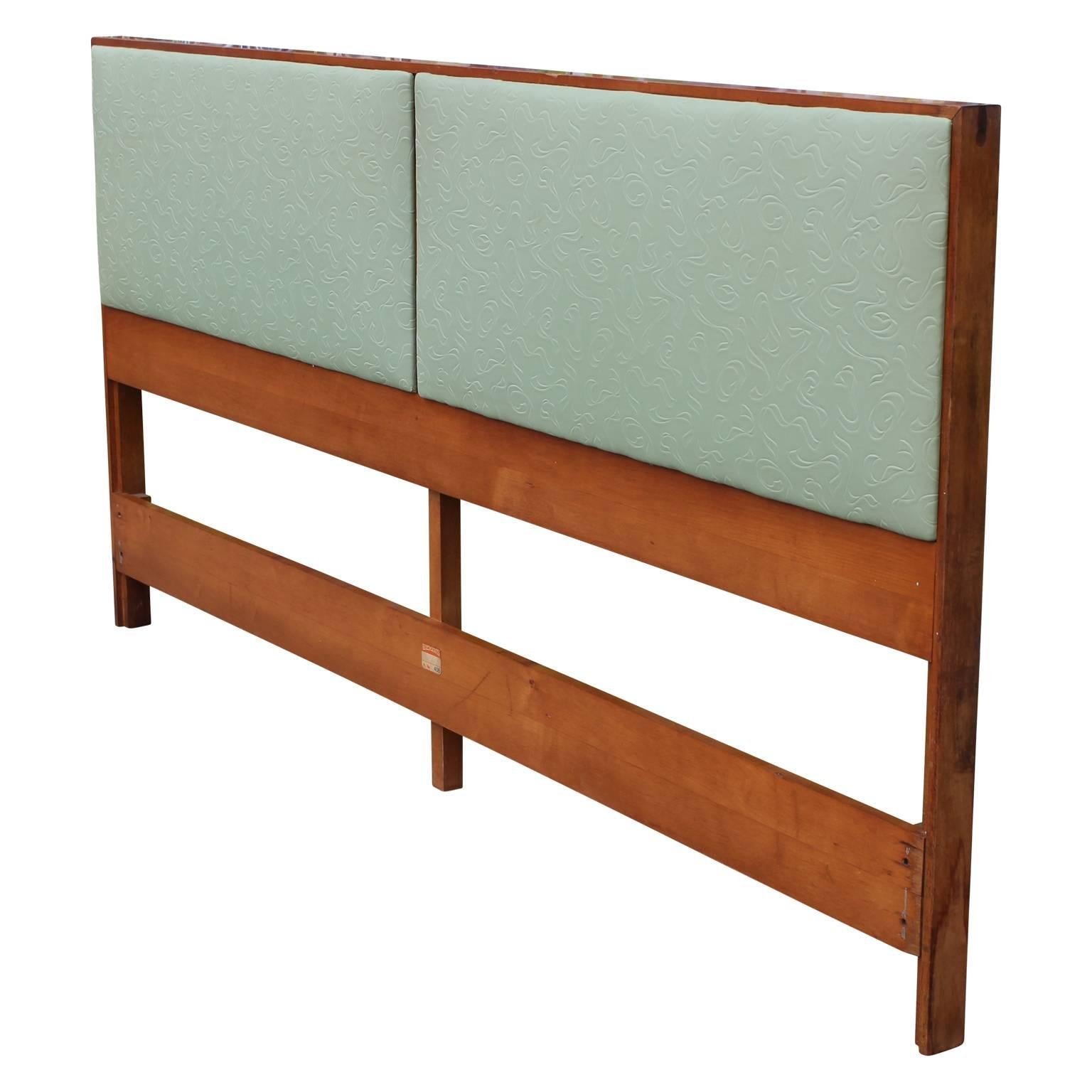 Modern maple king-size headboard by Paul McCobb for Planner Group with lovely mint green vinyl panelling.