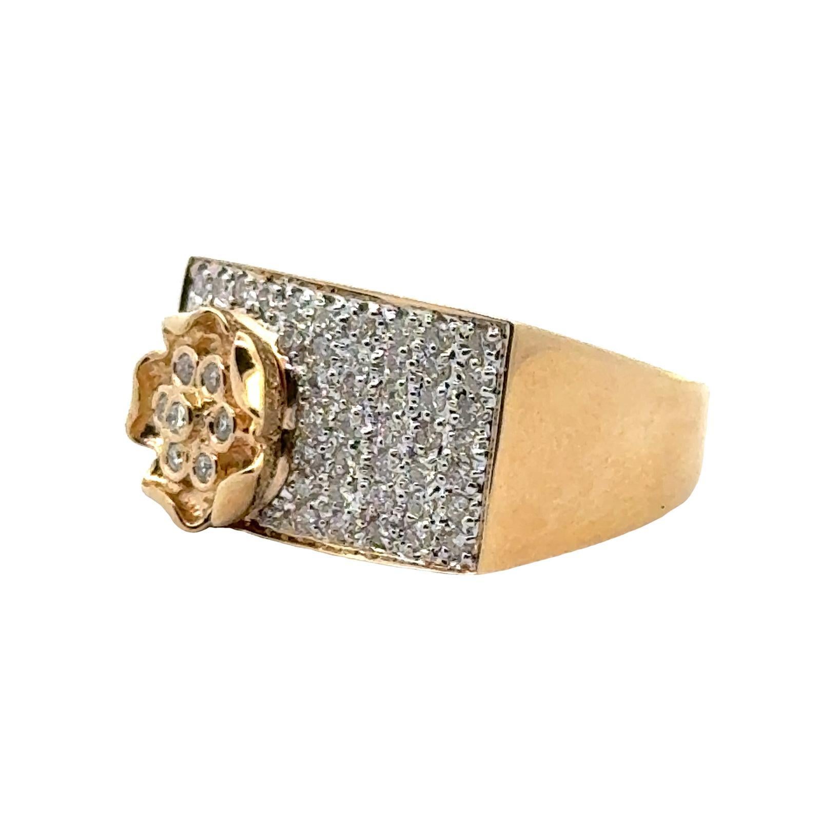 Women's Modern Pave Diamond 14 Karat Yellow Gold Square Top Floral Design Band Ring For Sale