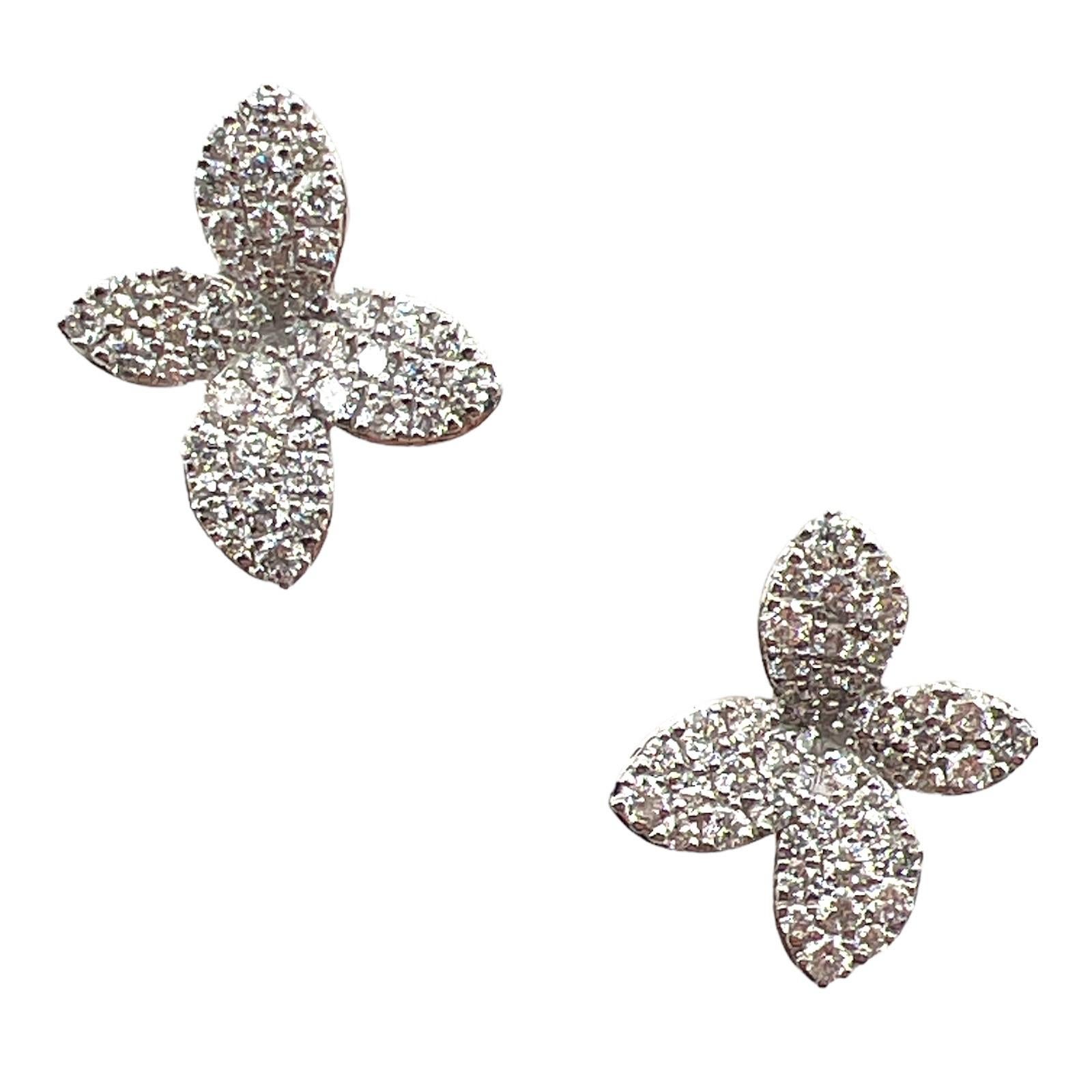 Round Cut Modern Pavé Diamond 18 Karat White Gold Flower Stud Earrings, New For Sale