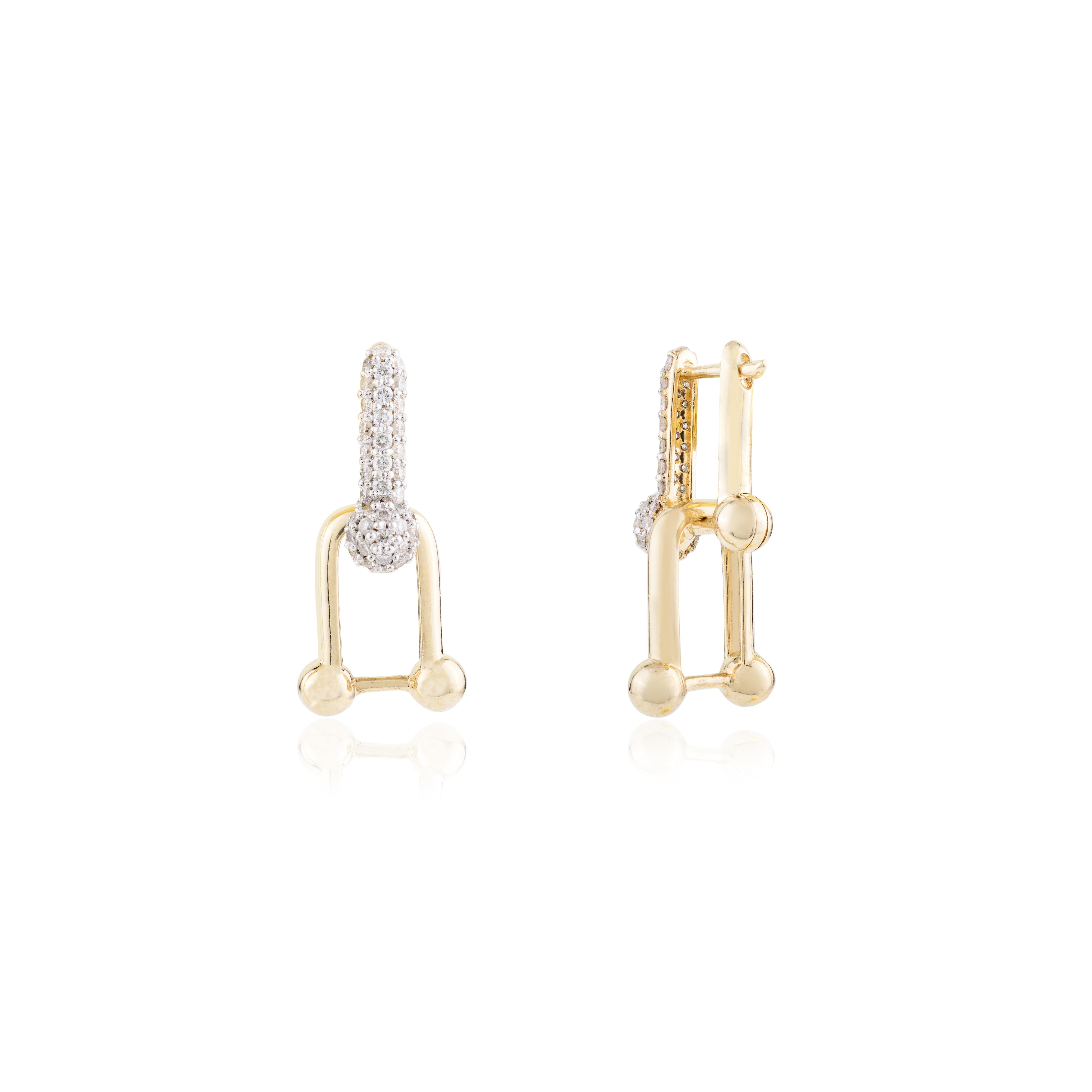 Modernist Modern Pave Diamond U Link Hardwear Earrings in 14k Solid Yellow Gold for Her