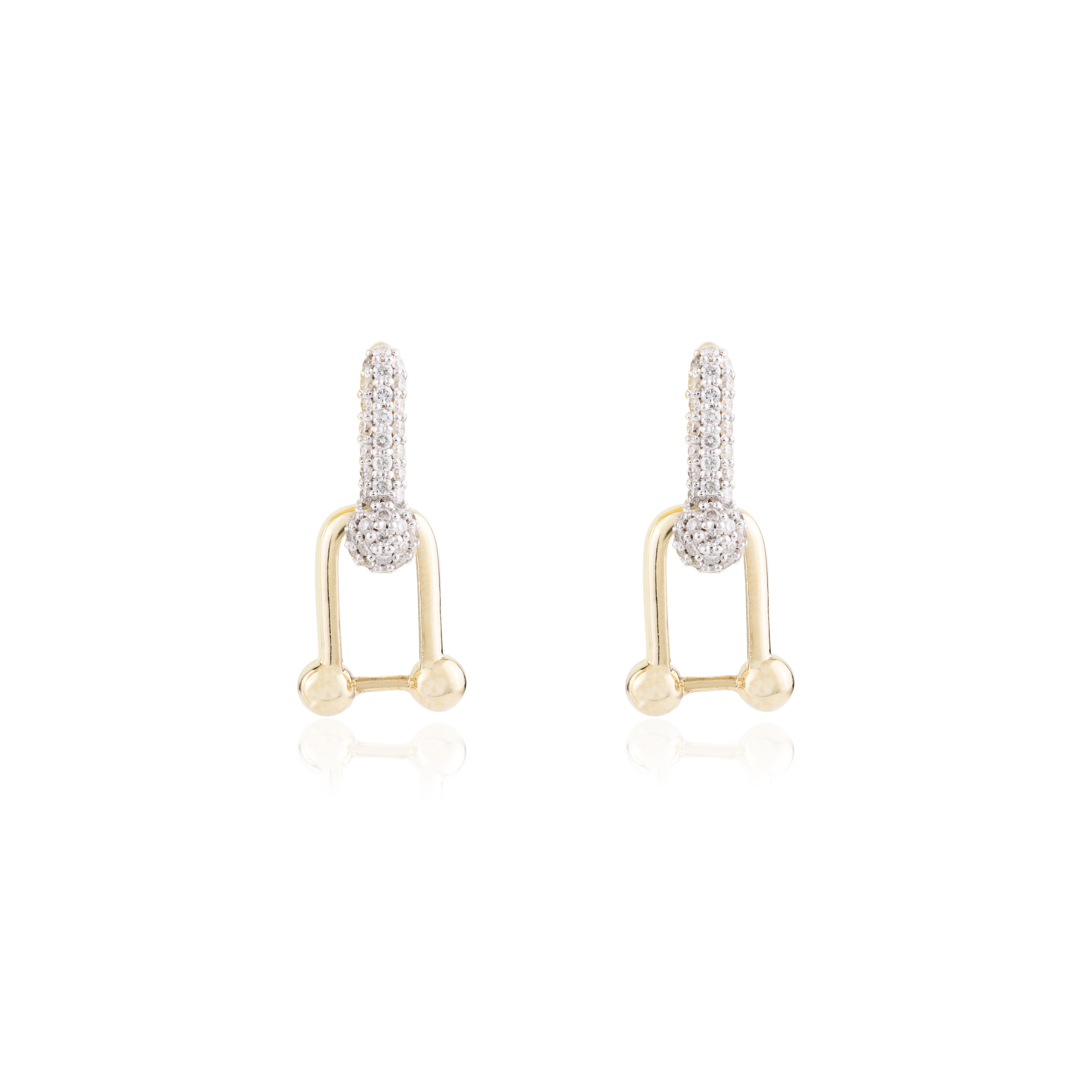 Modern Pave Diamond U Link Hardwear Earrings in 14k Solid Yellow Gold for Her In New Condition In New York, NY