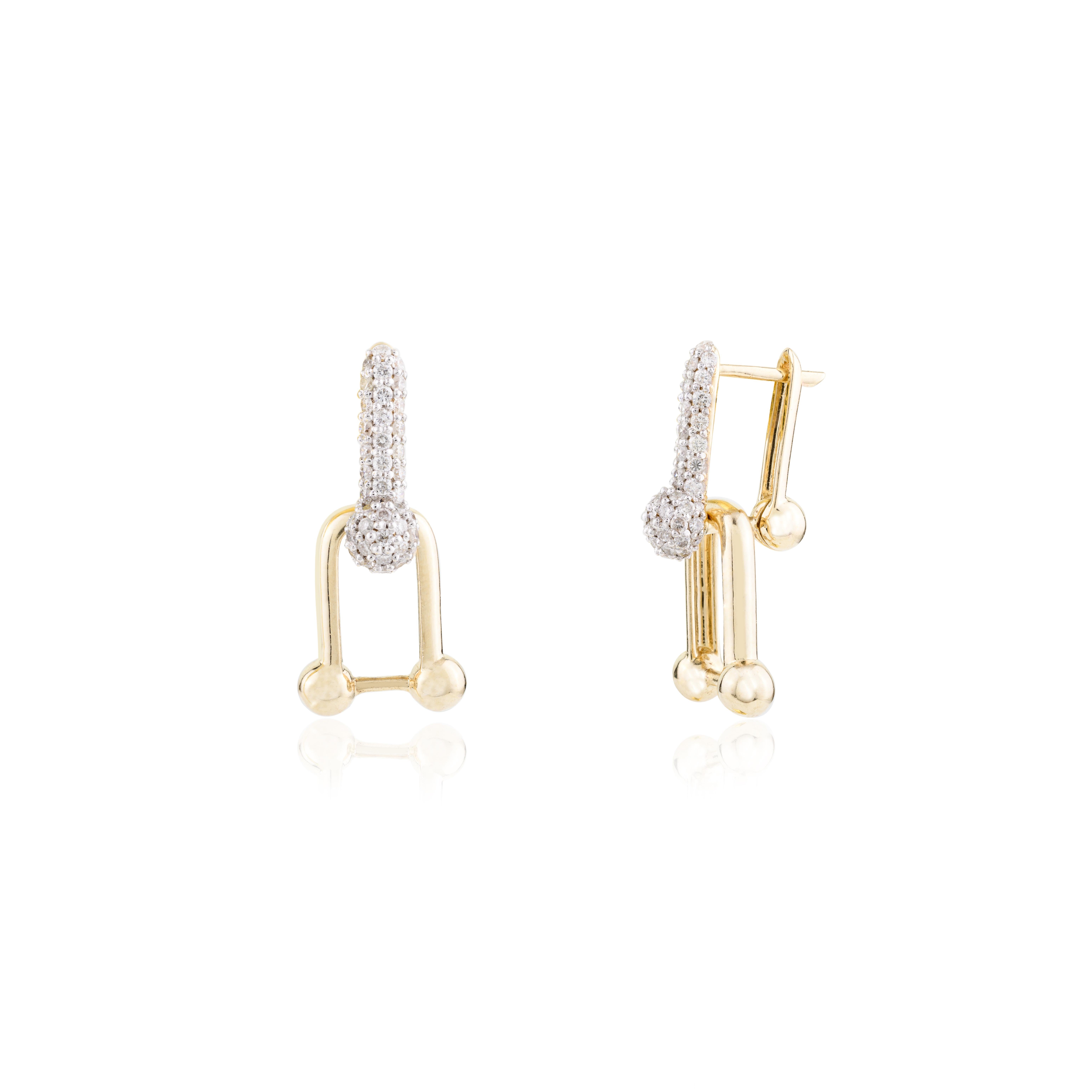 Modern Pave Diamond U Link Hardwear Earrings in 14k Solid Yellow Gold for Her 1