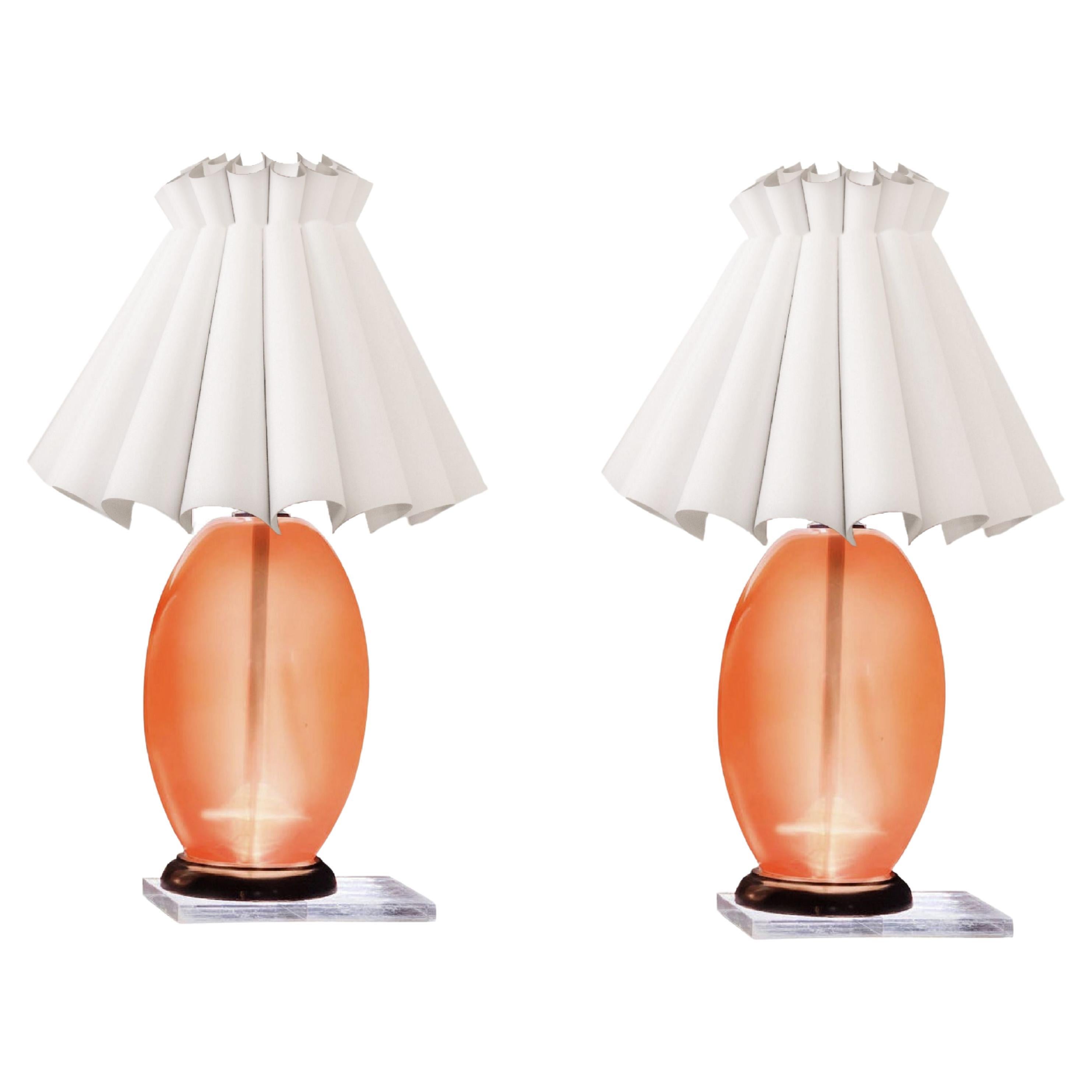 Modern Peach Lucite Midcentury Monumental  Sculptural Egg Form Table Lamp For Sale