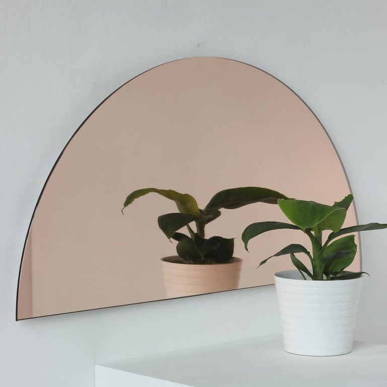 Luna Half-Moon Rose Gold Peach Tinted Customisable Frameless Mirror, Regular In New Condition For Sale In London, GB