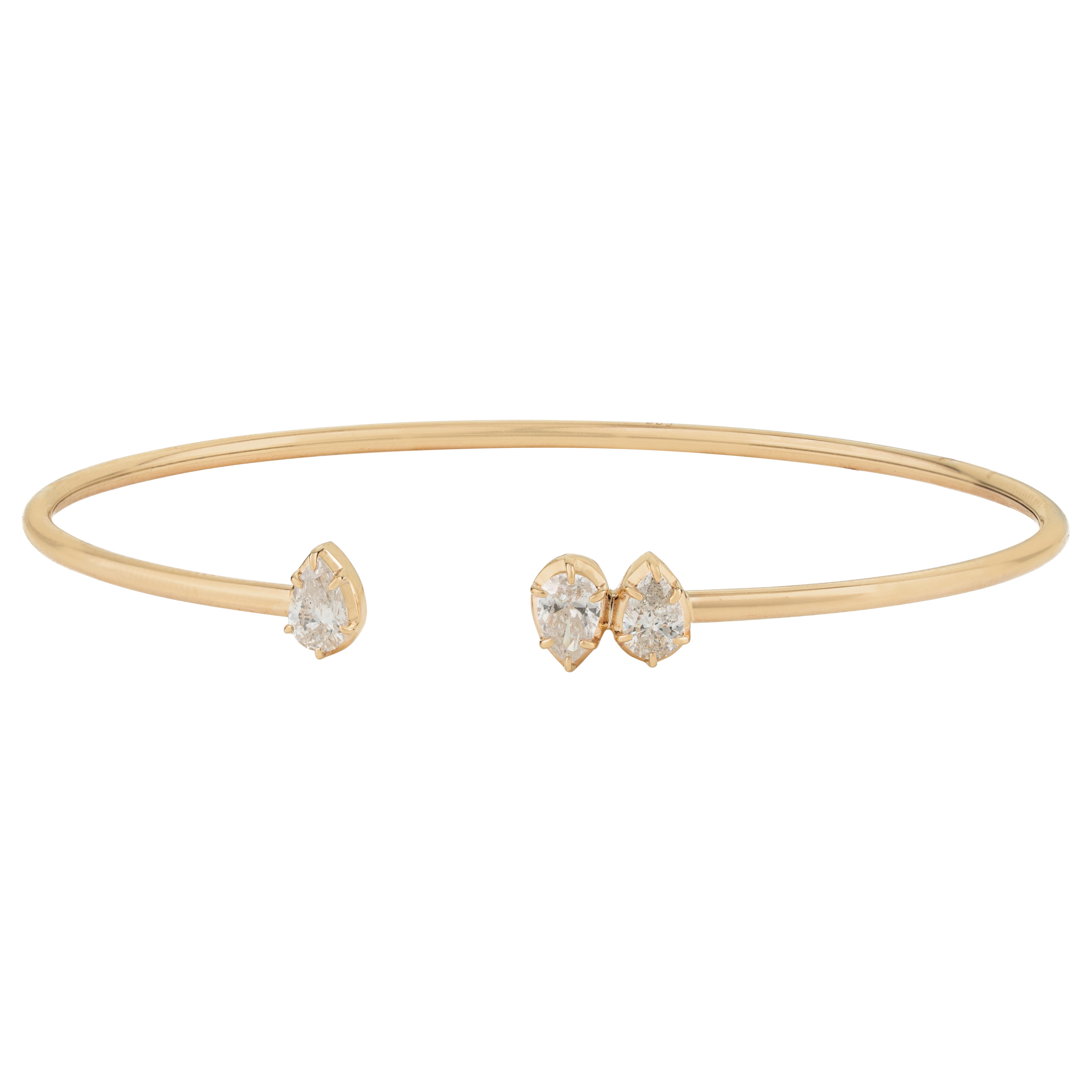 Modern Pear Cut Diamond Open Cuff Bangle Bracelet for Her in 14K Yellow Gold For Sale