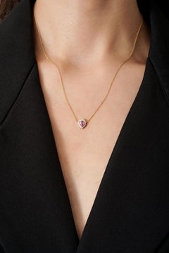 Modern Pear Cut Pink Sapphire & Diamond Halo Pendant Necklace in 18K Yellow Gold