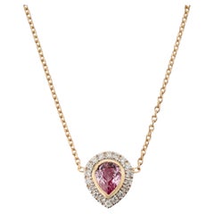 Modern Pear Cut Pink Sapphire & Diamond Halo Pendant Necklace in 18K Yellow Gold