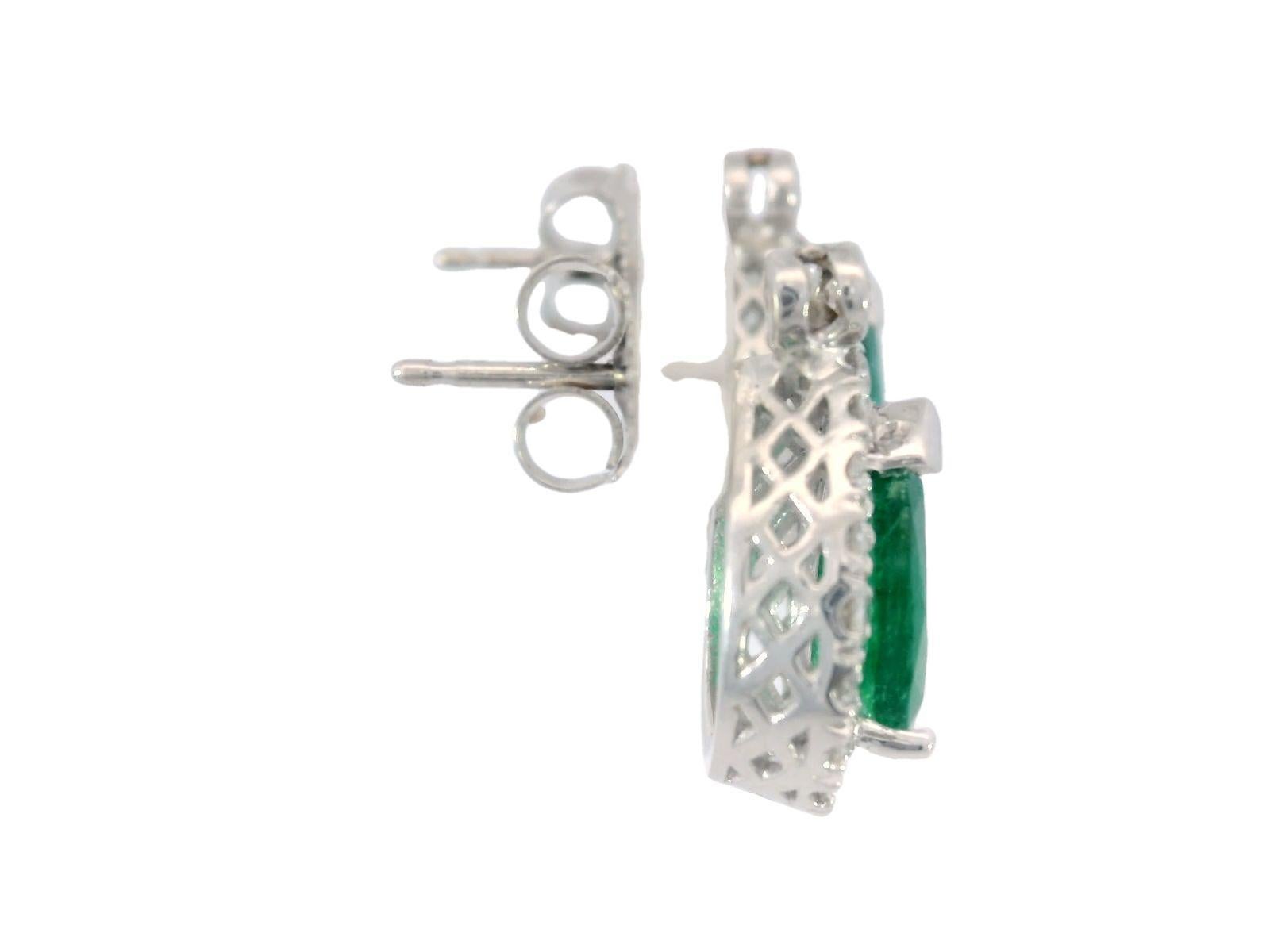 Women's Emerald Diamond Pear Stud Earrings Modern 18K White Gold ~3.01CTW For Sale
