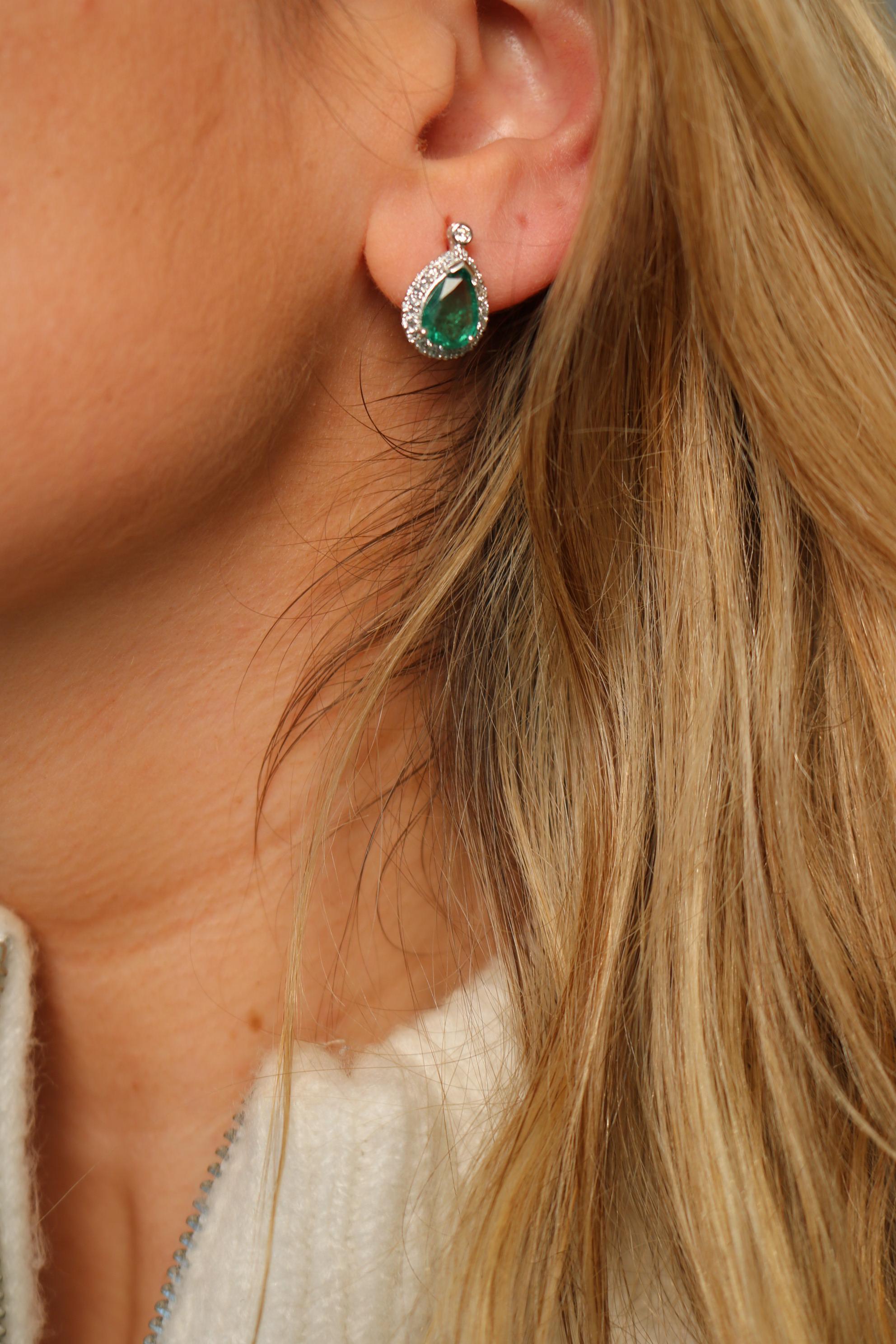 Emerald Diamond Pear Stud Earrings Modern 18K White Gold ~3.01CTW For Sale 2