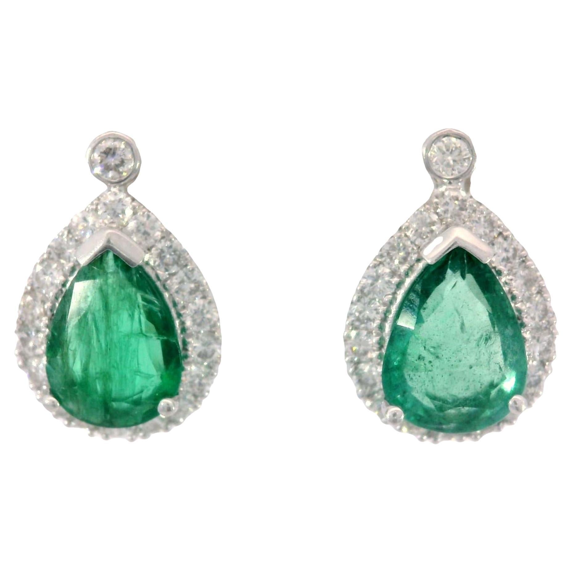 Emerald Diamond Pear Stud Earrings Modern 18K White Gold ~3.01CTW For Sale