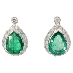Emerald Diamond Pear Stud Earrings Modern 18K White Gold ~3.01CTW