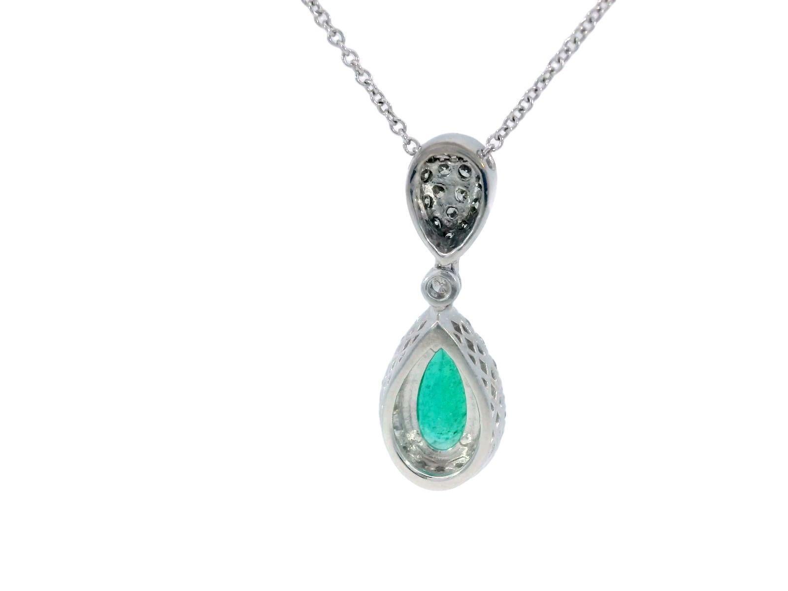 Modern Emerald Diamond Pear Pendant Drop Necklace in 18K White Gold ~1.45CTW 18