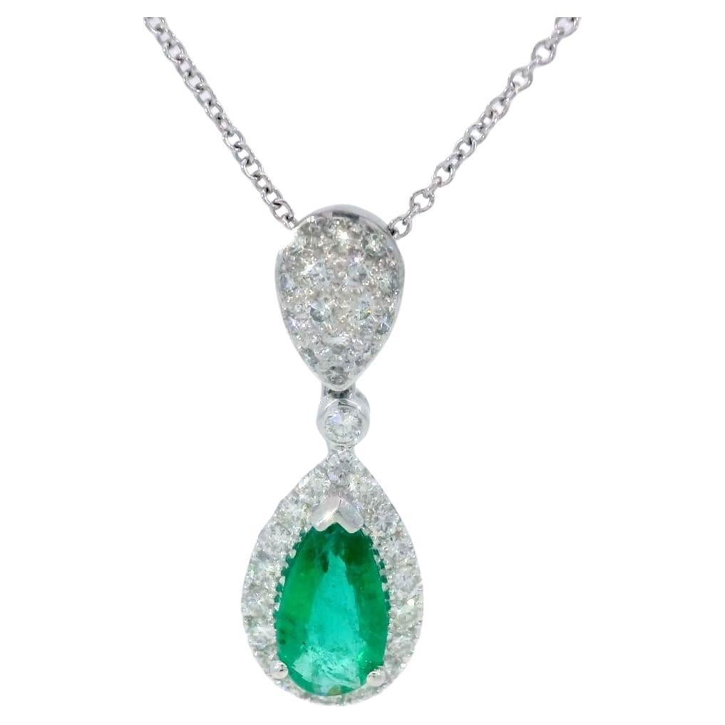 Emerald Diamond Pear Pendant Drop Necklace in 18K White Gold ~1.45CTW 18" Length For Sale
