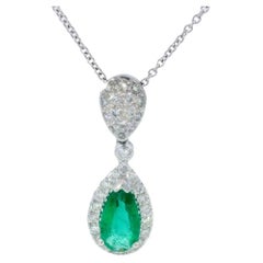 Emerald Diamond Pear Pendant Drop Necklace in 18K White Gold ~1.45CTW 18" Length