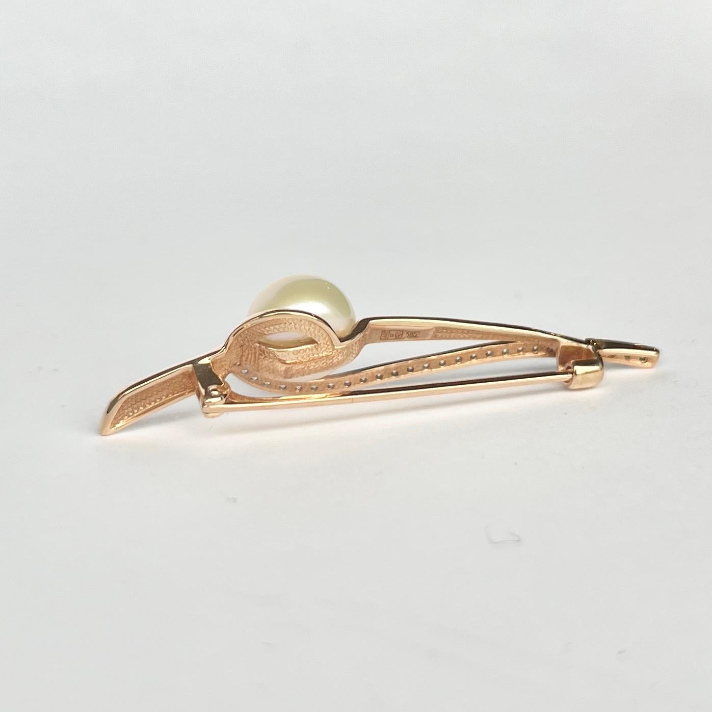 Uncut Modern Pearl and Diamond 14 Carat Gold Brooch For Sale