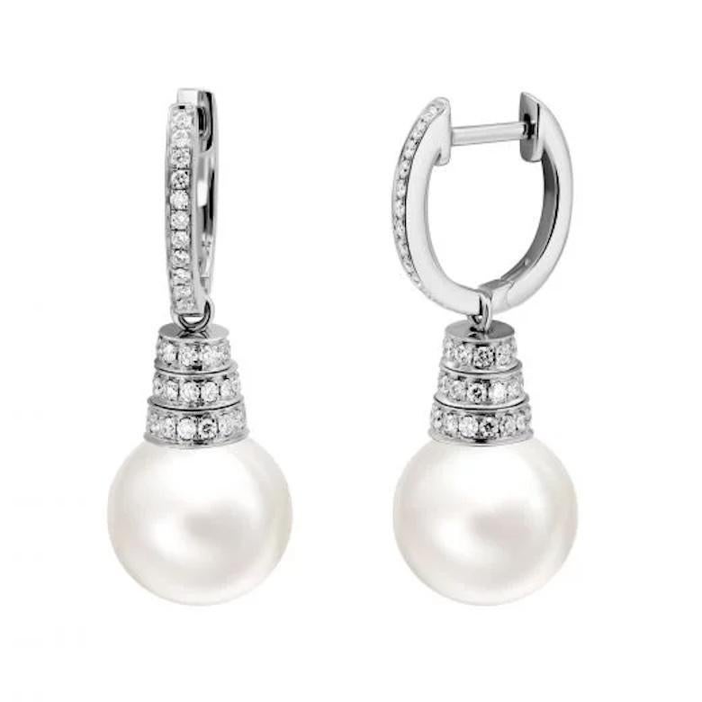 Round Cut Modern Pearl Diamond White Gold Drop Earrings For Her For Sale