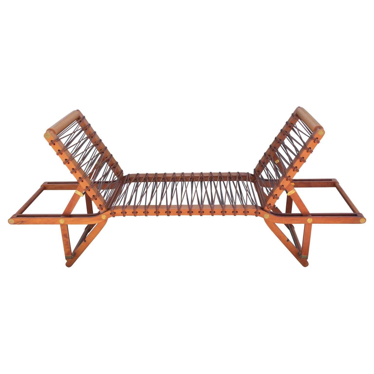 Wonderful Pippa chaise longue by Hermès in pearwood and natural cowhide. Features a fixed central piece and two reclining sides. Designed by Rena Dumas and Peter Coles for the Hermes spirit of 
