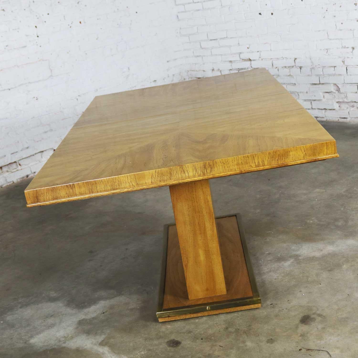 Modern Pedestal Dining Table Brass Trim Attributed Flair by Bernhardt Hibriten at 1stDibs