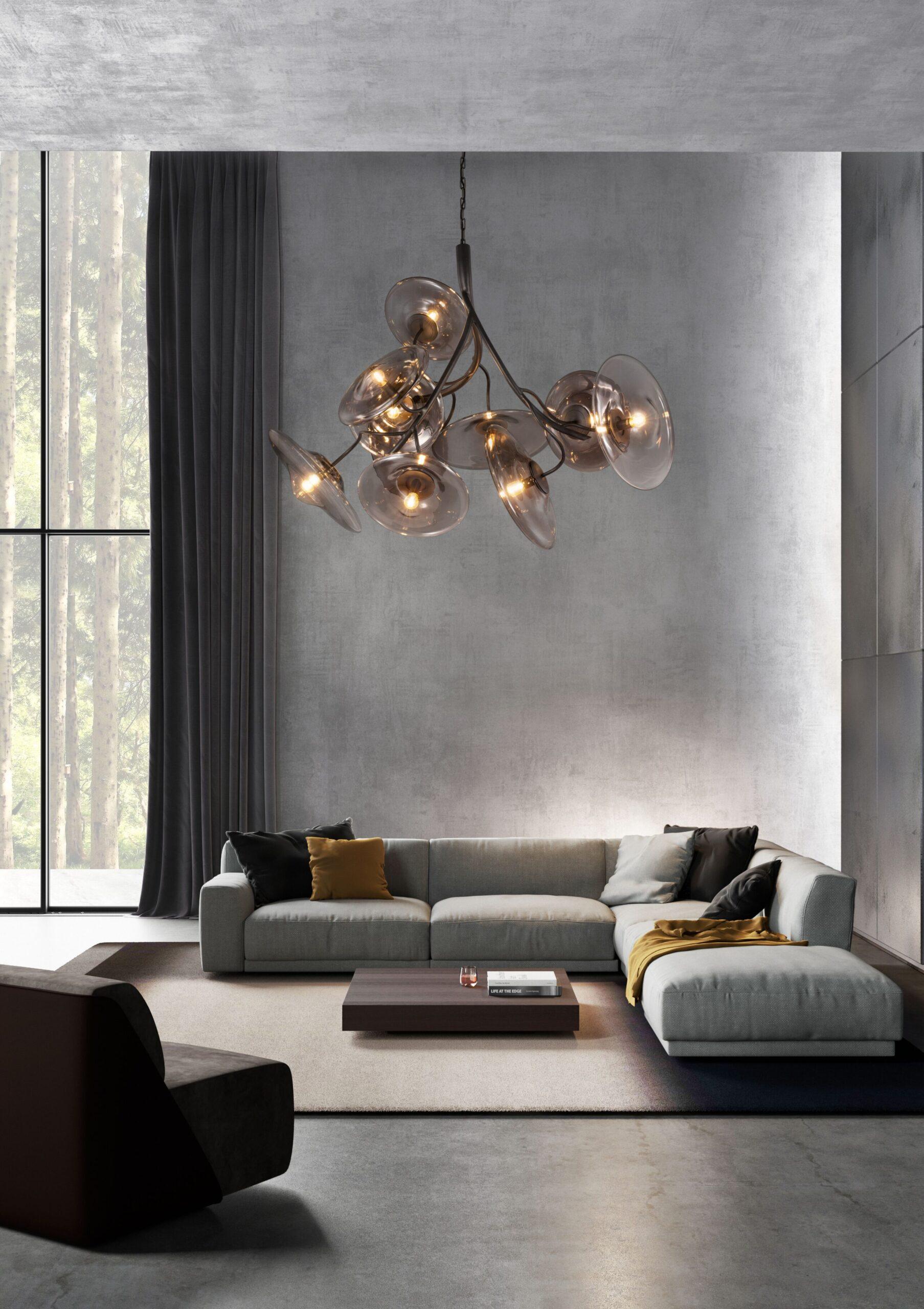 Verre Lustre à suspension moderne, finition bronze patiné foncé, collection Blossom en vente