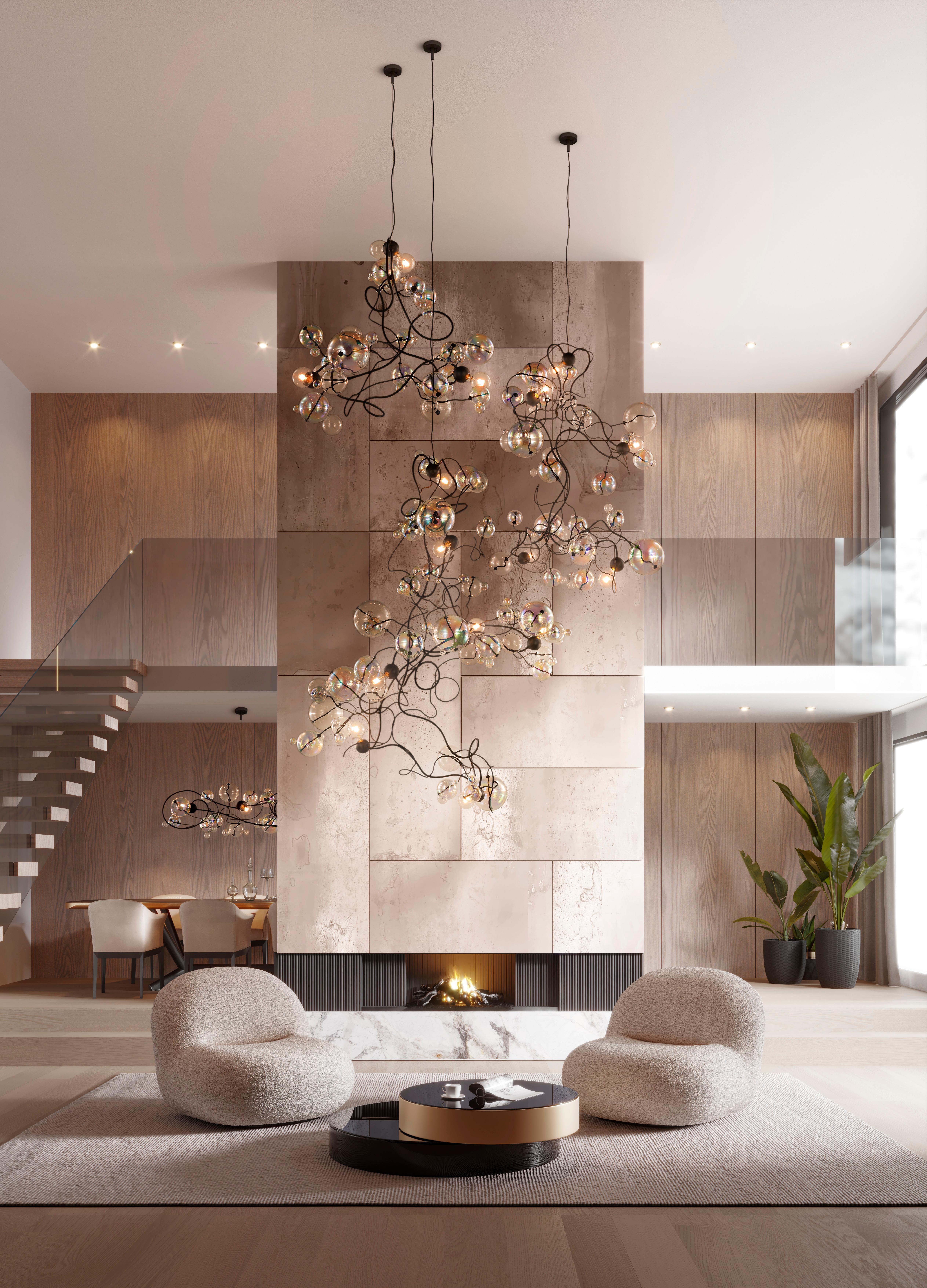 Glass Modern Pendant Chandelier, Bronze Dark Patina Finish, Bubbles Swirl Collection For Sale