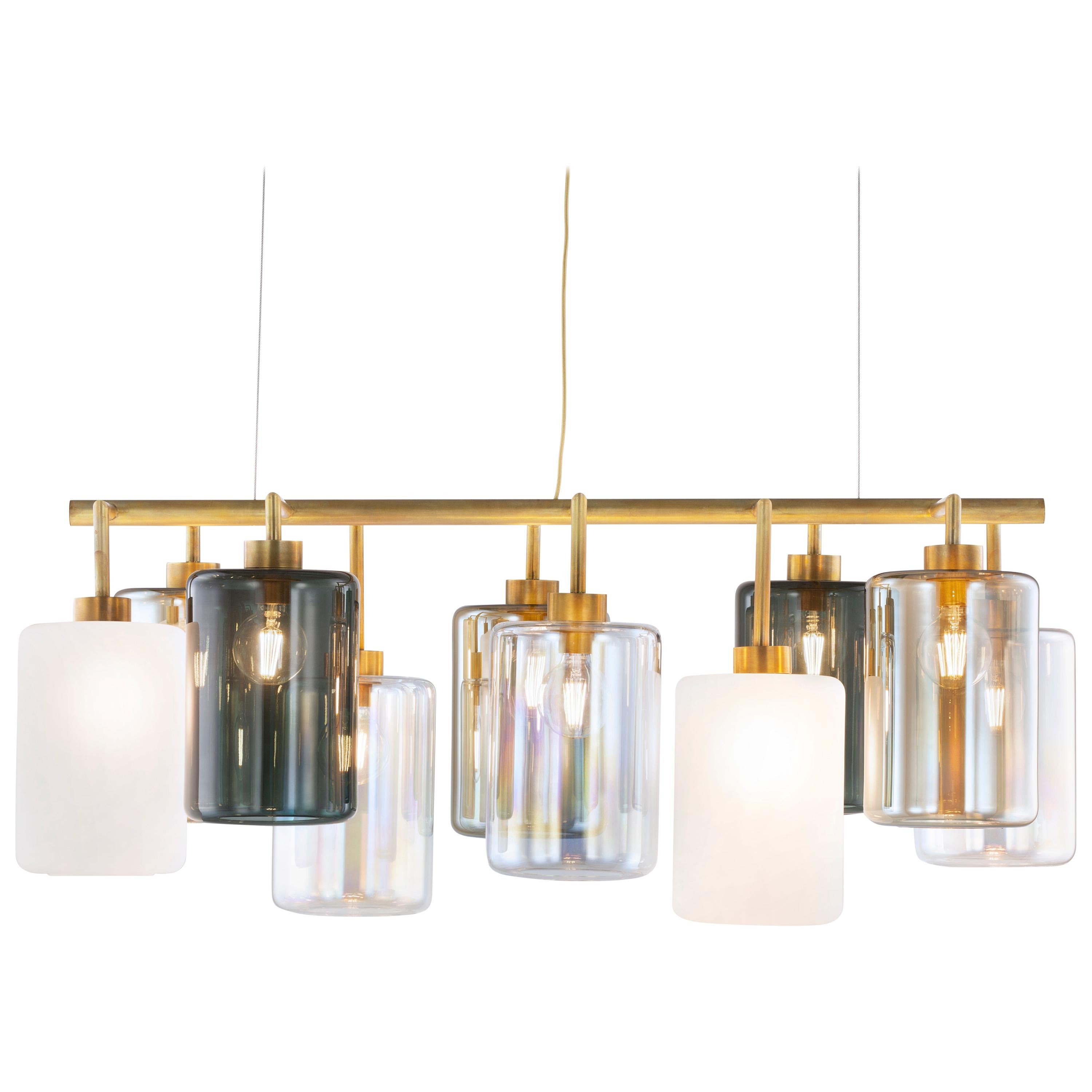 Modern Pendant, Colored Glass, Brass Burnished Finish, Louise Collection For Sale