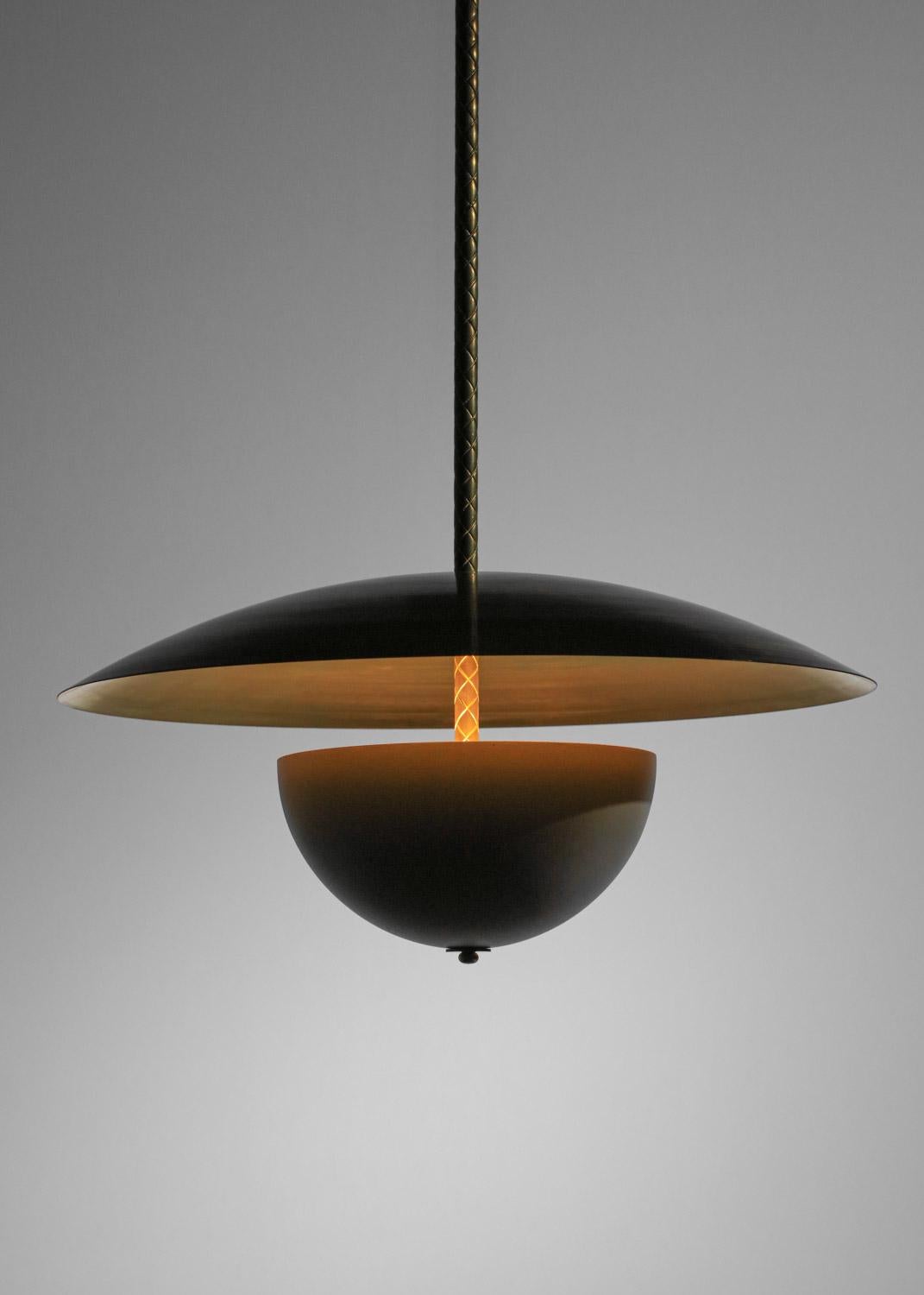 modern  pendant light in massive brass and lacquered metal vintage style 60s For Sale 3