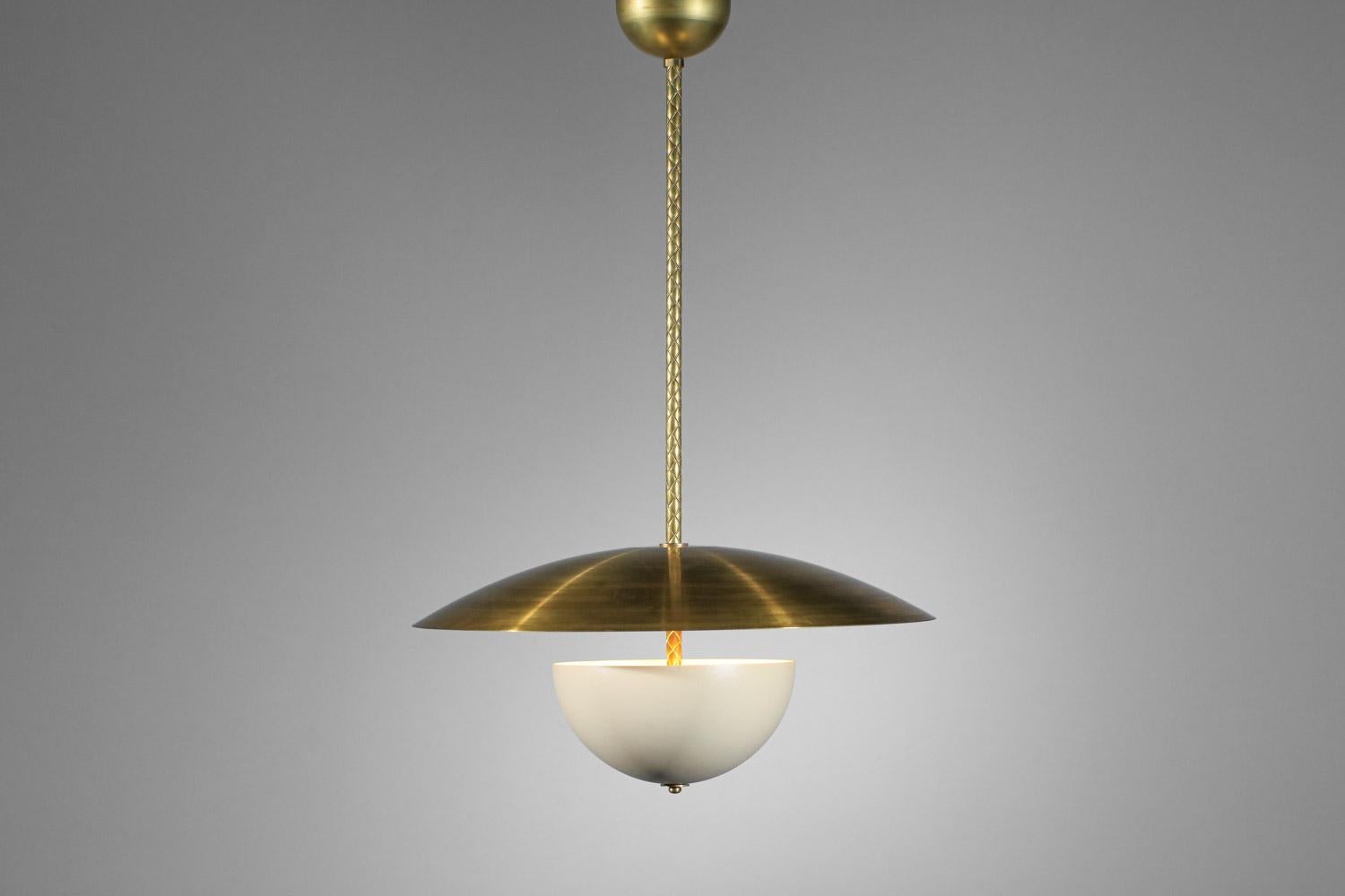 French modern  pendant light in massive brass and lacquered metal vintage style 60s For Sale