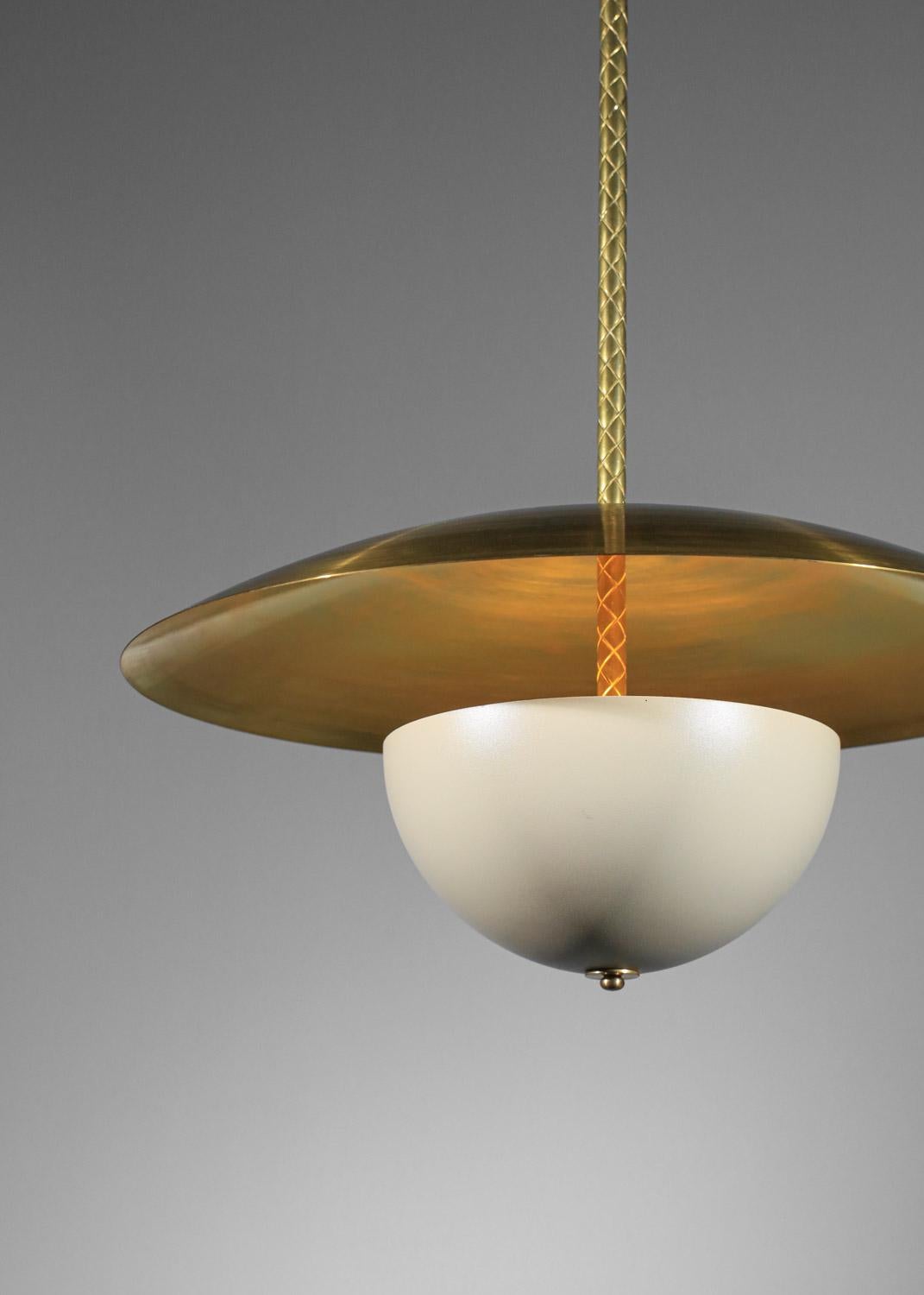 Lacquered modern  pendant light in massive brass and lacquered metal vintage style 60s For Sale