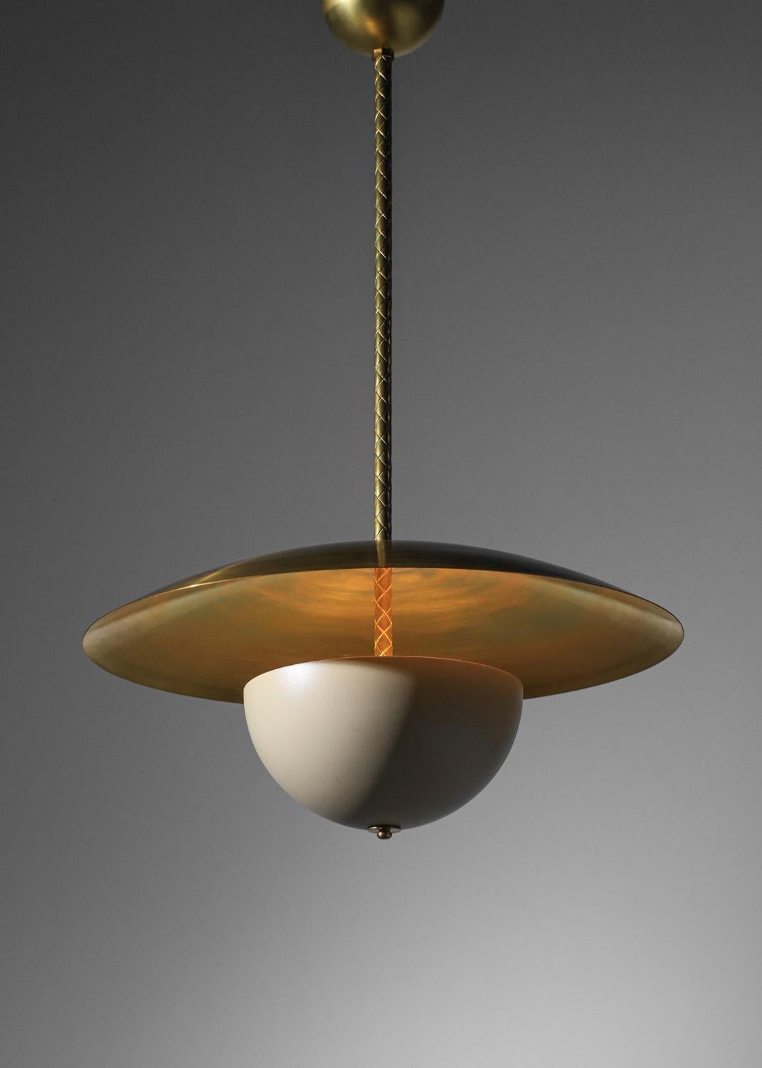Contemporary modern  pendant light in massive brass and lacquered metal vintage style 60s For Sale