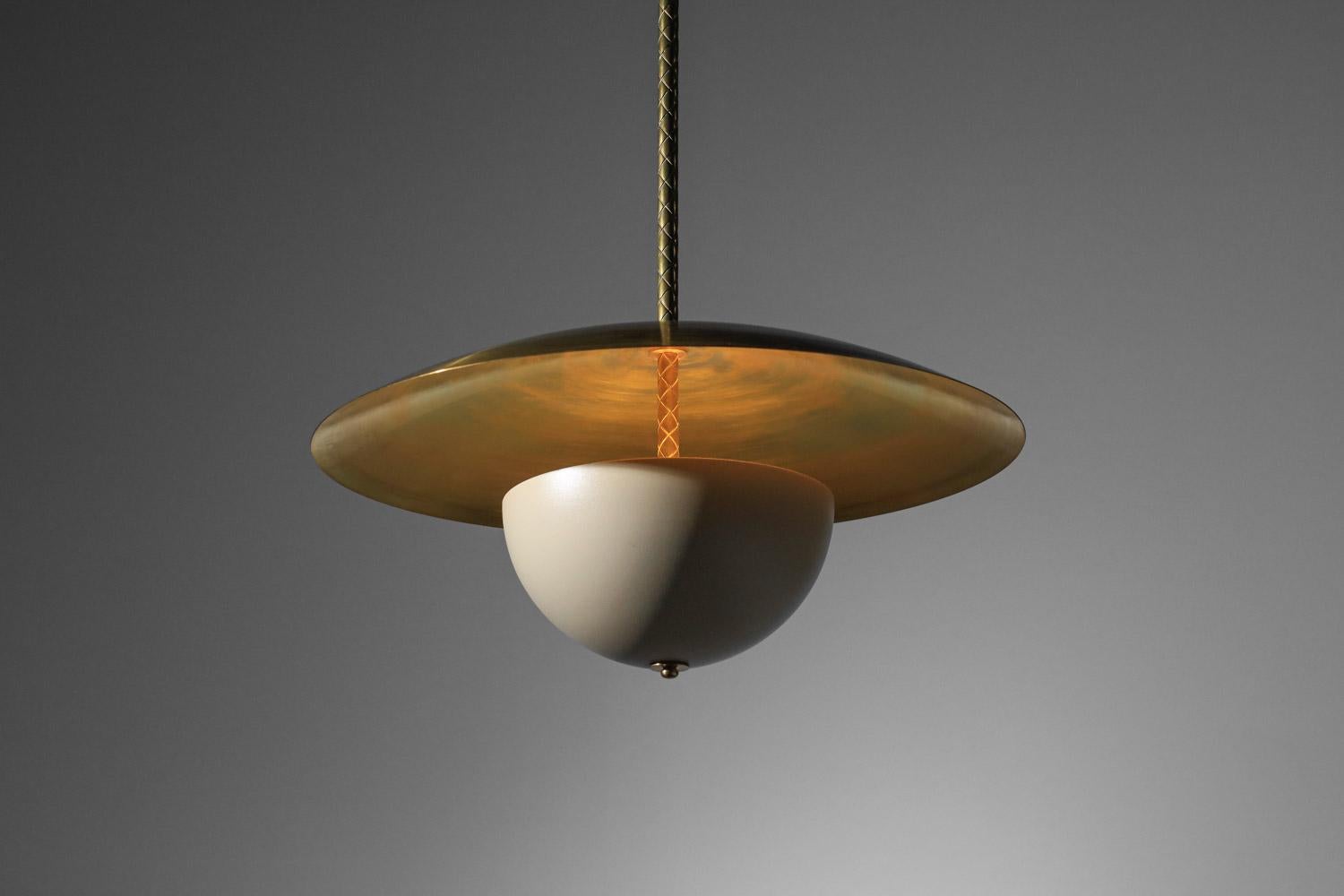 Metal modern  pendant light in massive brass and lacquered metal vintage style 60s For Sale