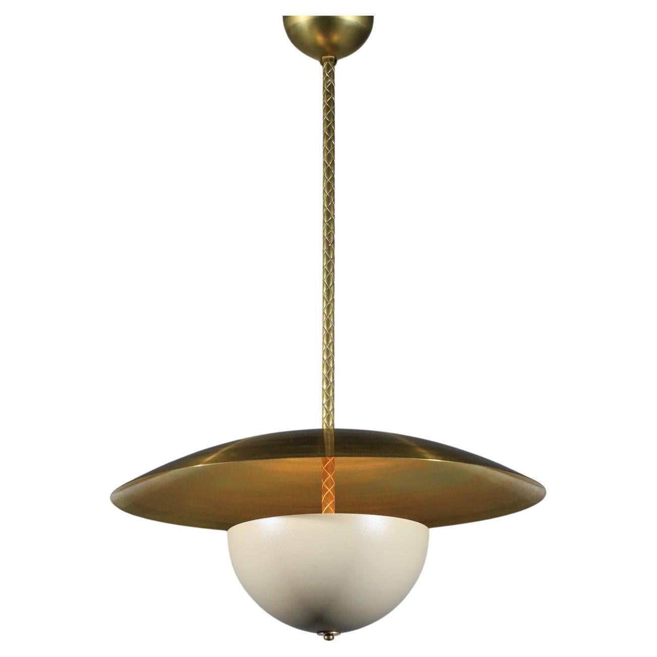 modern  pendant light in massive brass and lacquered metal vintage style 60s For Sale